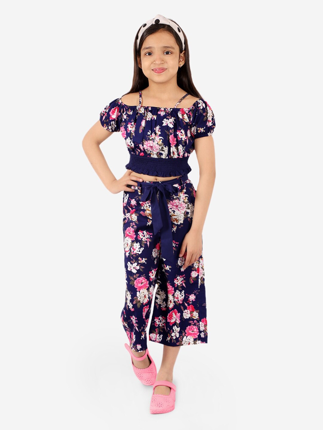 

Naughty Ninos Girls Navy Blue & Pink Floral Printed Top With Palazzos