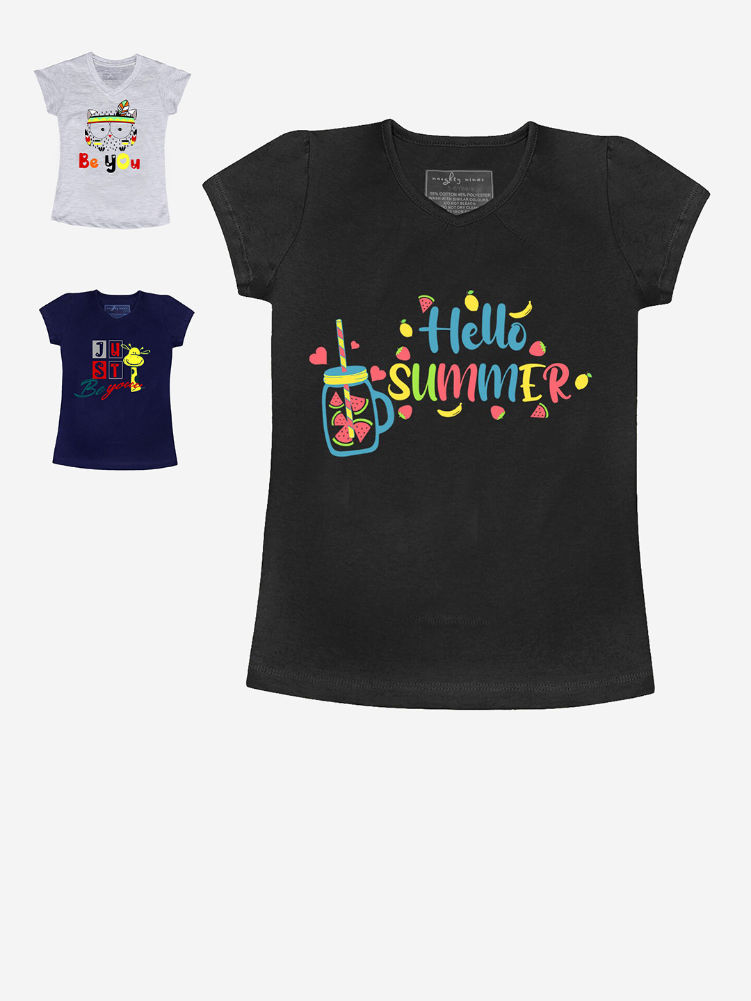 

Naughty Ninos Girls Pack of 3 Typography Printed Cotton T-shirt, Black
