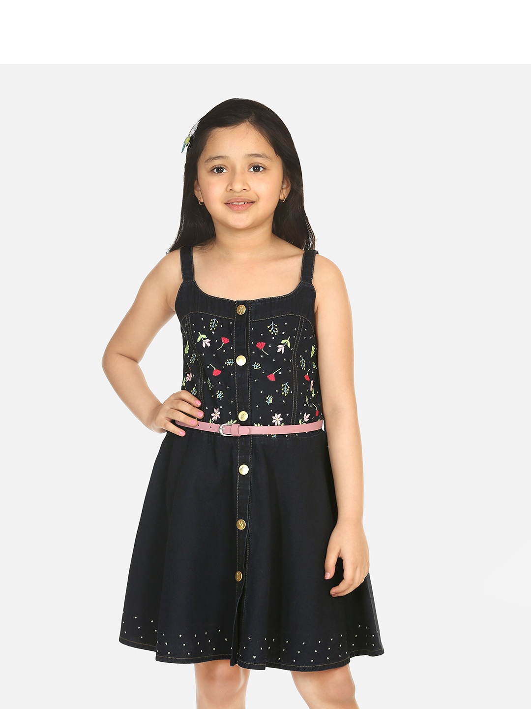 

Naughty Ninos Girls Blue Floral Embroidered Denim Dress