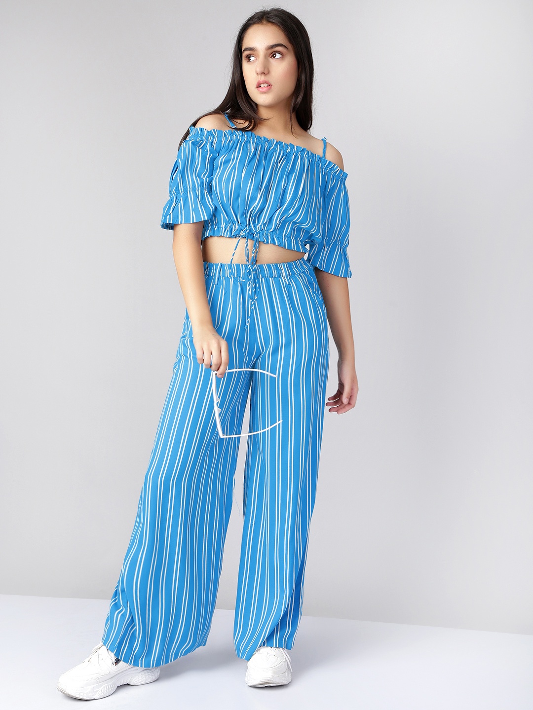 

Naughty Ninos Girls Blue & White Striped Viscose Rayon Top with Palazzos
