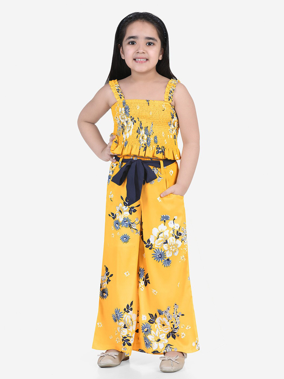 

Naughty Ninos Girls Yellow & Navy Blue Printed Top with Palazzos
