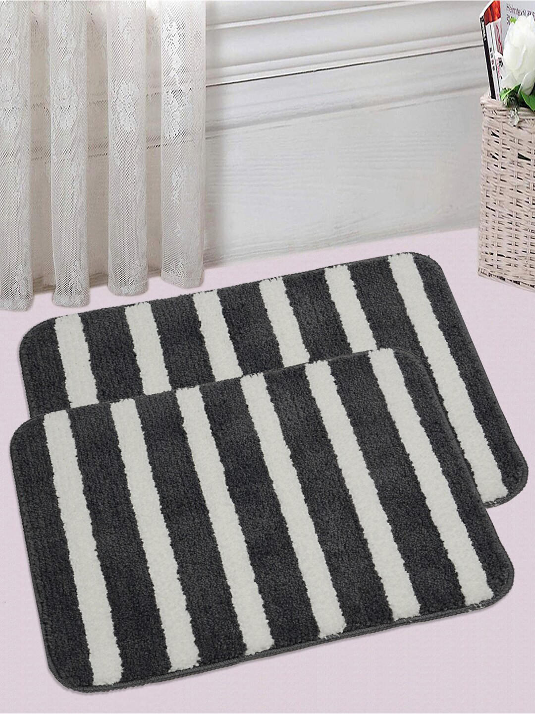 

Saral Home Set Of 2 Grey & White Striped 833 GSM Microfiber Bath Mats