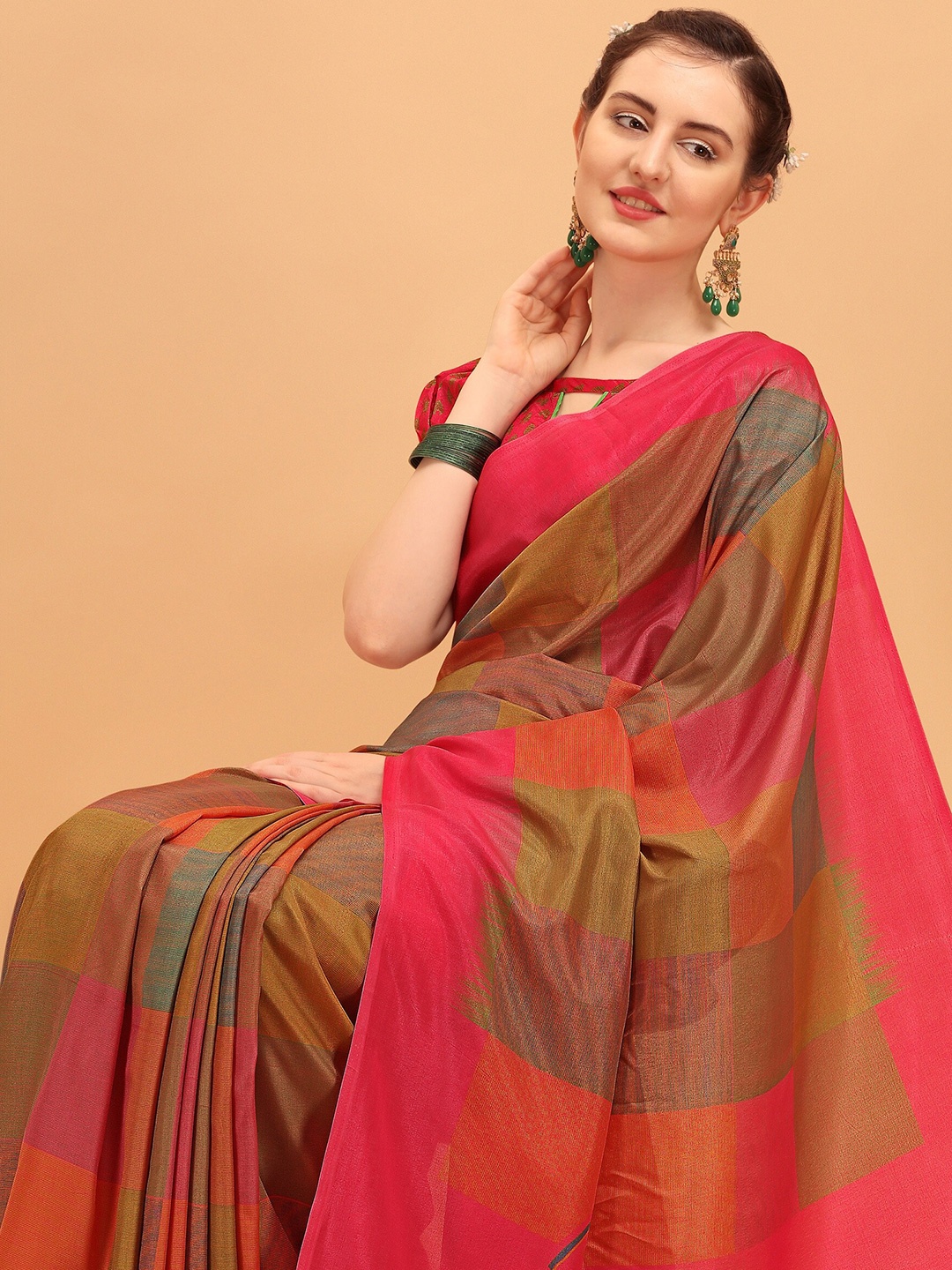 

KALINI Pink & Olive Green Pure Crepe Fusion Block Print Saree