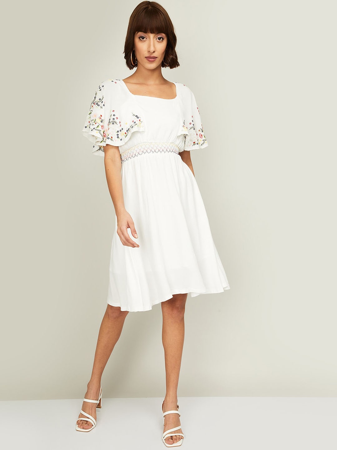 

CODE by Lifestyle Off White Embroidered Flare Sleeves Fit & Flare Dress