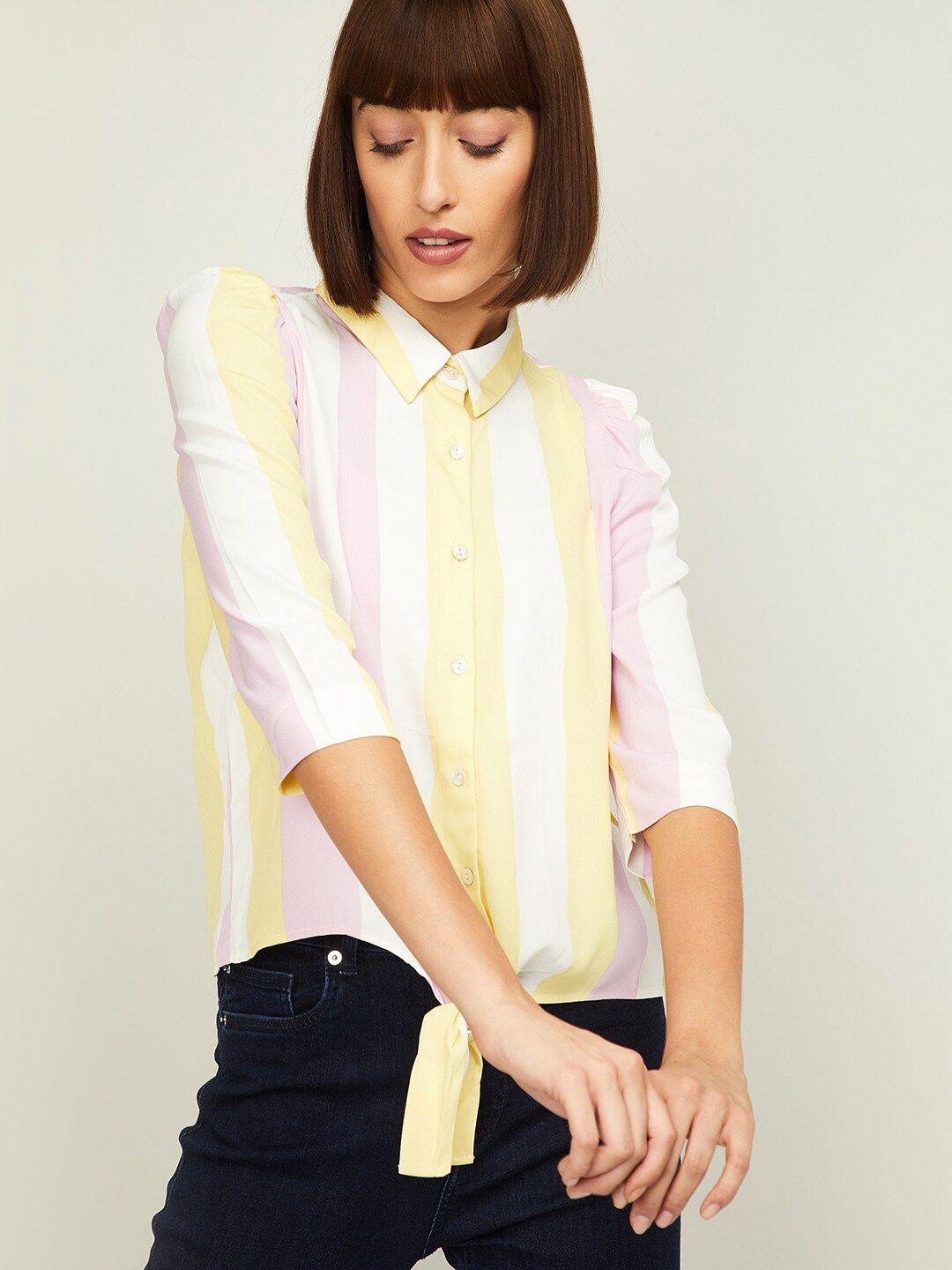 

CODE by Lifestyle Pink & White Striped Knot Shirt Style Top