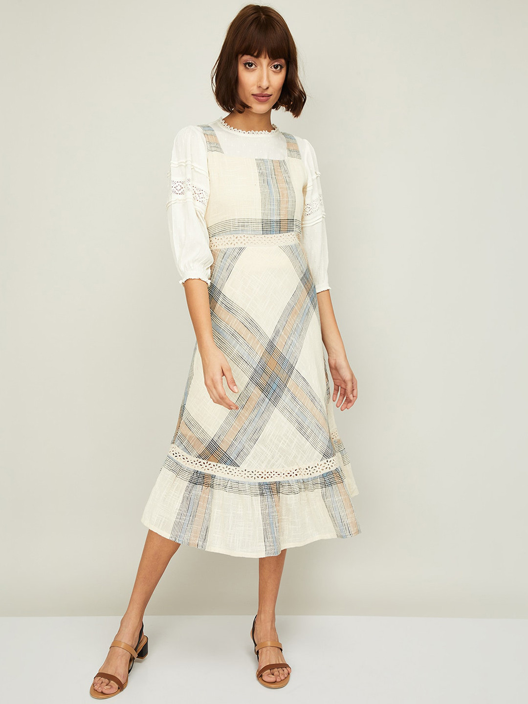 

CODE by Lifestyle Beige & Grey Checked Cotton Midi Fit & Flare Dress
