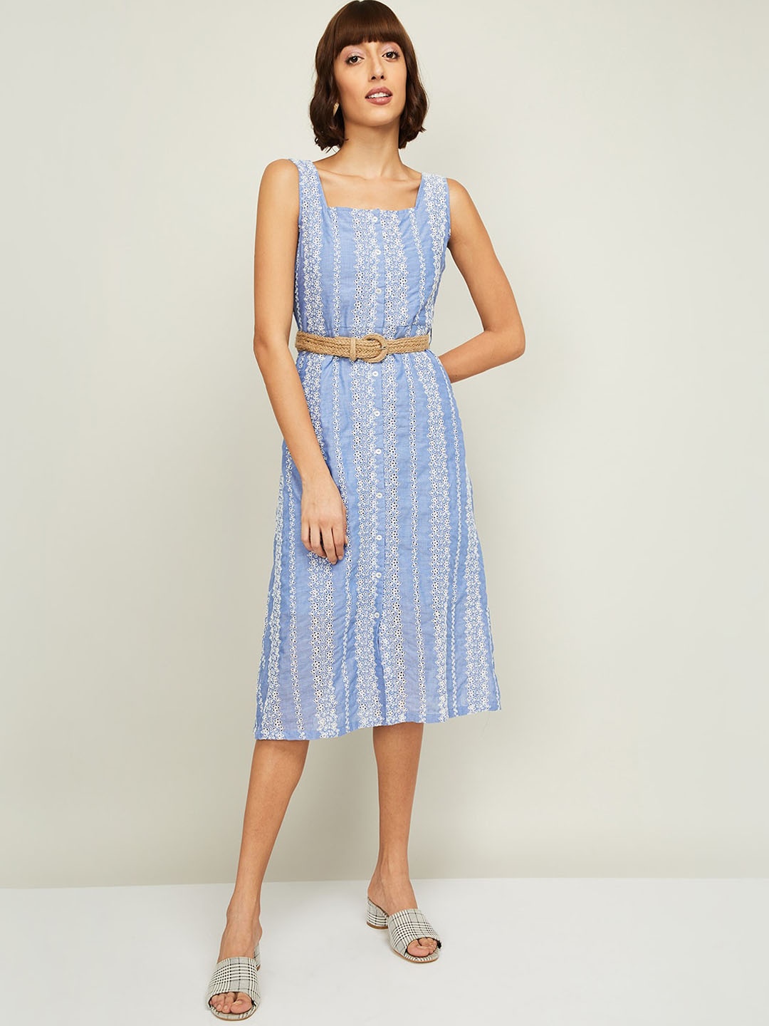 

CODE by Lifestyle Blue & White Floral Embroidered A-Line Dress