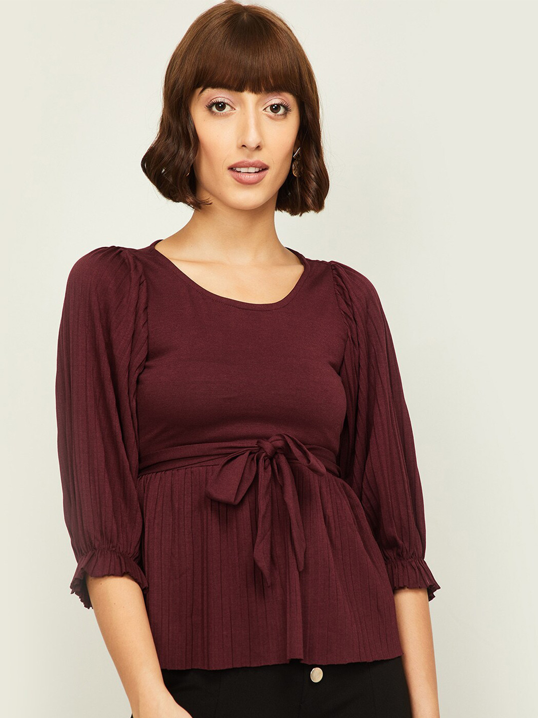 

CODE by Lifestyle Burgundy Solid Cinched Waist Top With Tie Ups