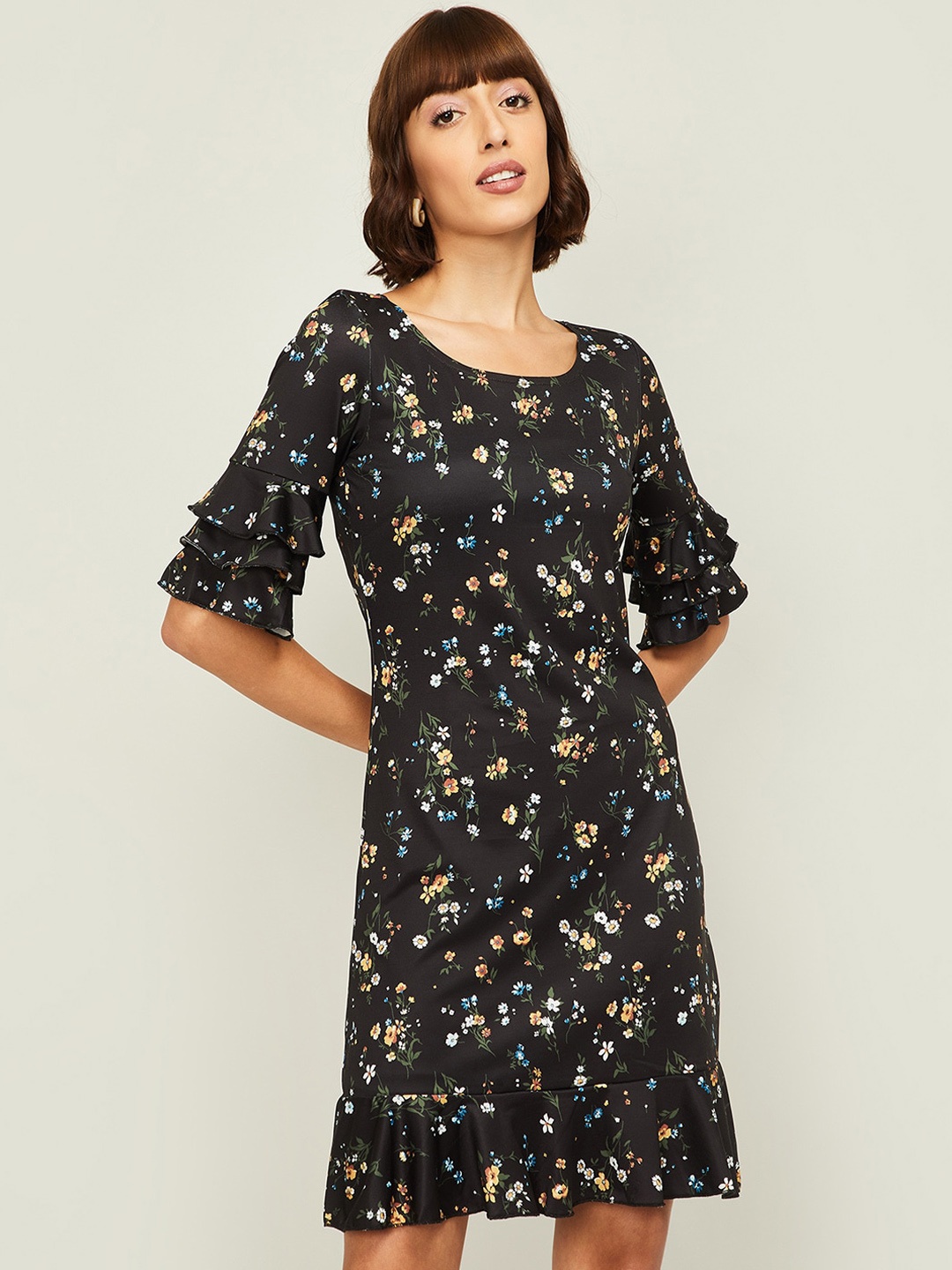 

CODE by Lifestyle Women Black Floral Printed Linen A-Line Dress