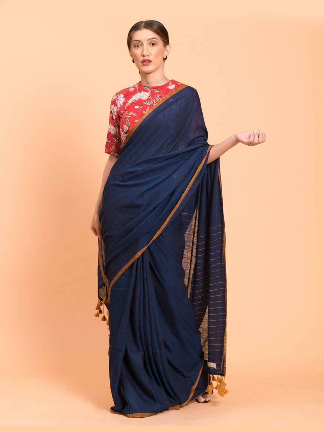 

Suta Navy Blue & Yellow Solid Cotton Striped Saree