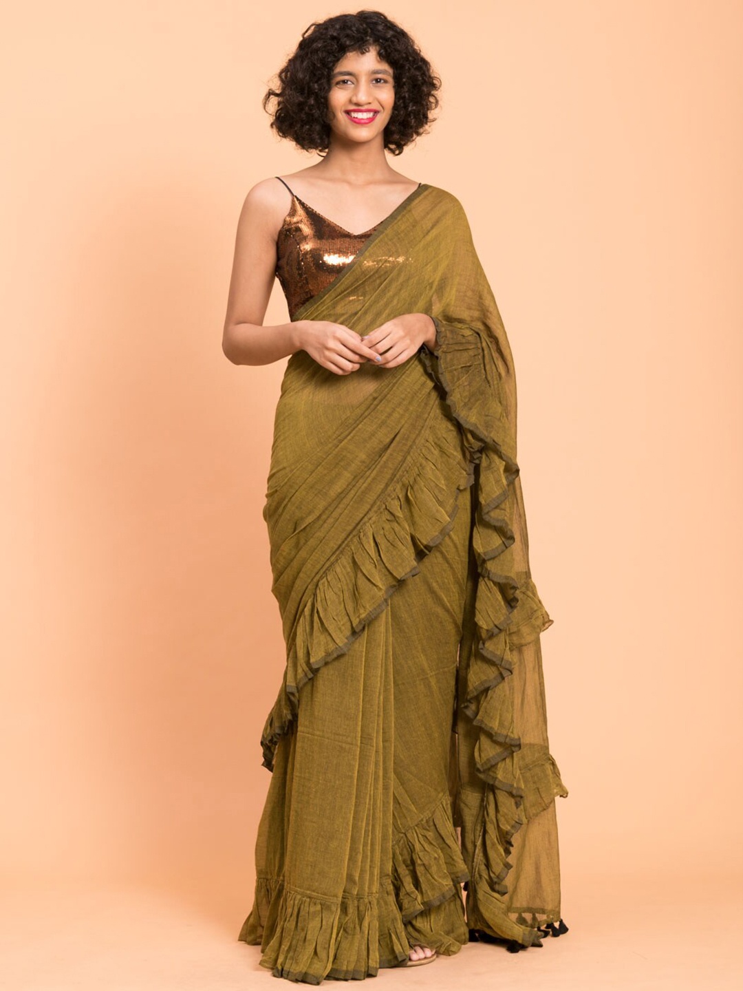

Suta Olive Green Pure Cotton Solid Ruffle Saree