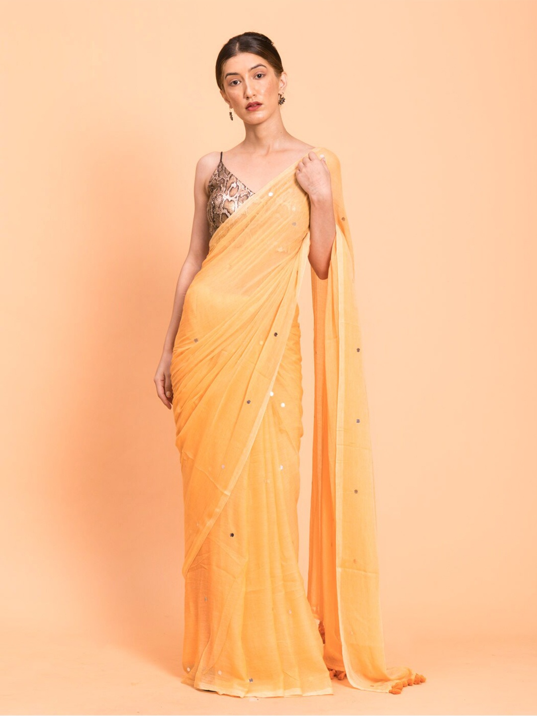 

Suta Yellow Embellished Sequinned Pure Cotton Saree, Mustard