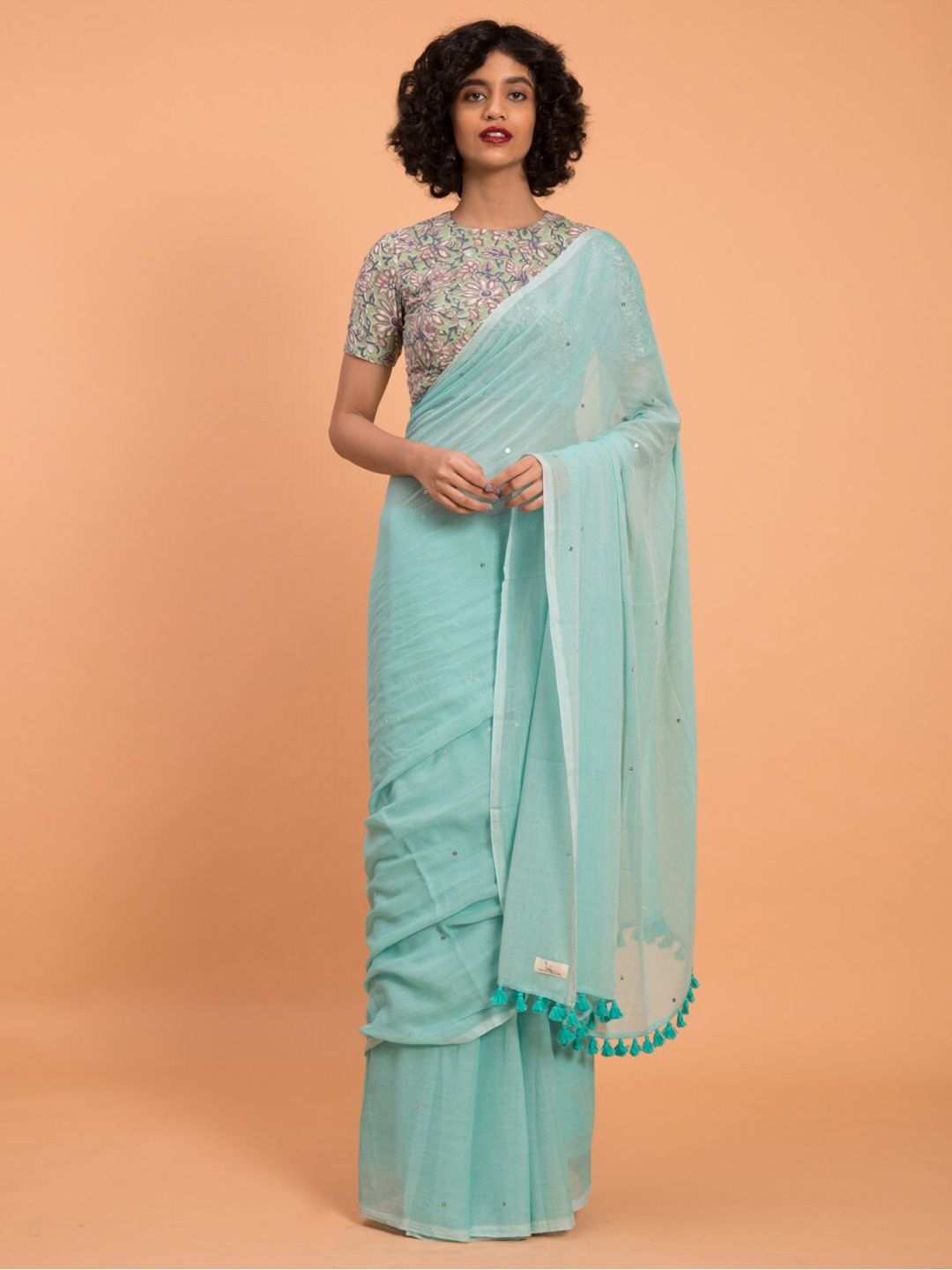 

Suta Ice Green Embellished Sequinned Pure Cotton Saree, Sea green