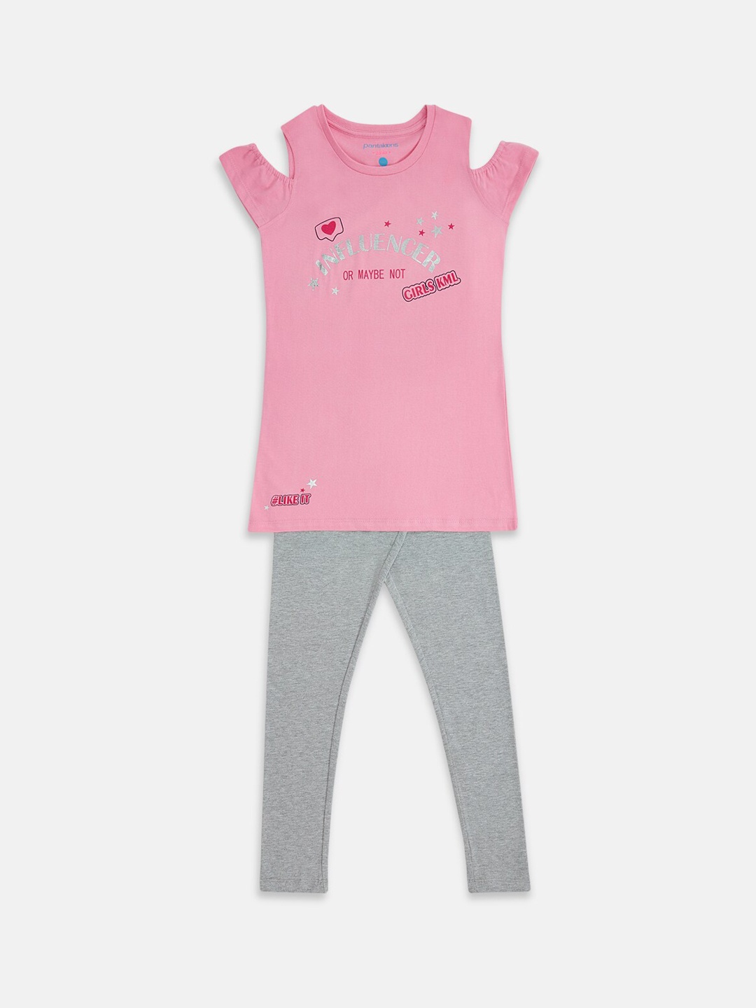 

Pantaloons Junior Girls Pink & Grey Printed Night suit