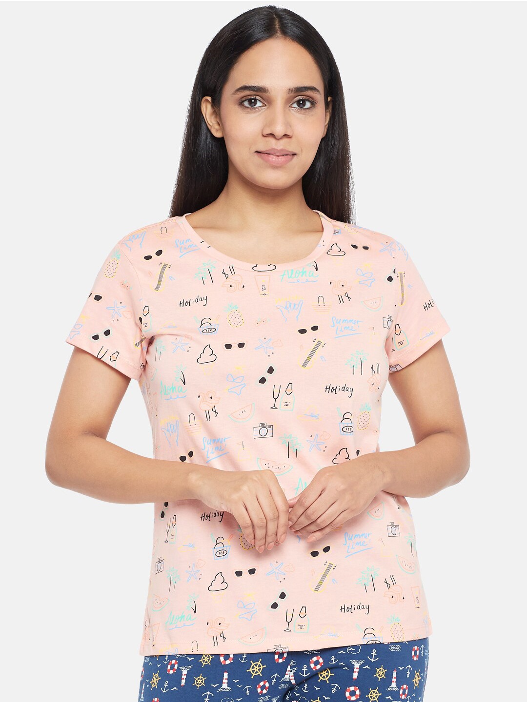 

Dreamz by Pantaloons Pink & Black Conversational Printed Pure Cotton Lounge tshirt