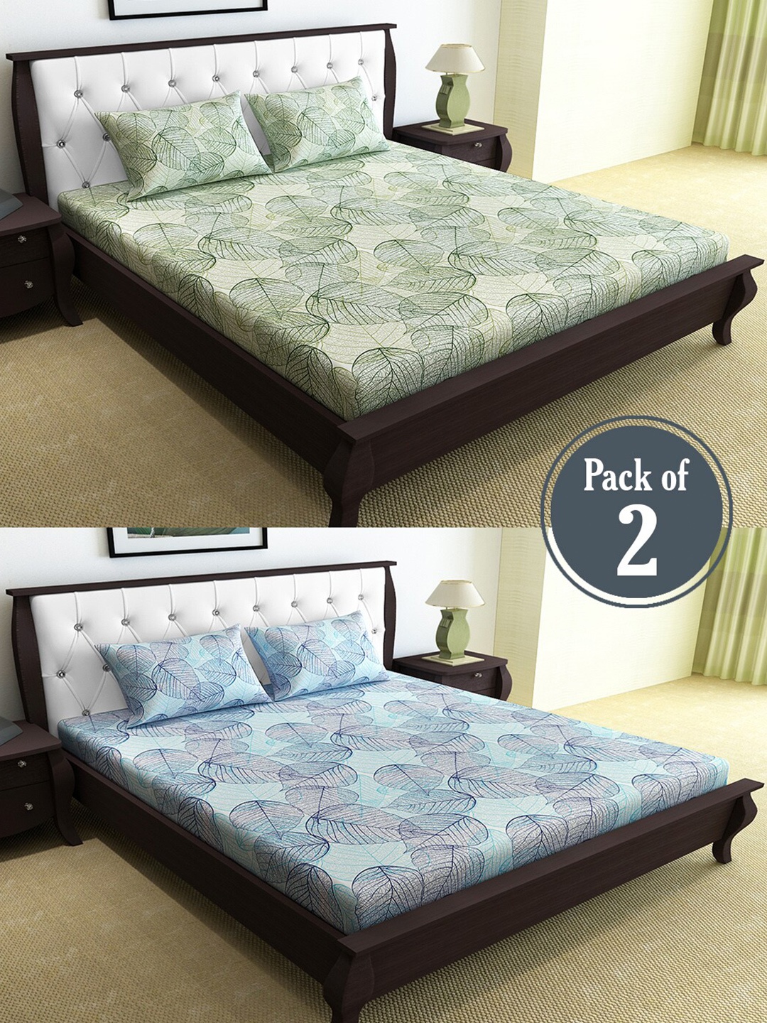 

Divine Casa Grey & Blue Floral 144 TC 2 Queen Bedsheet with 4 Pillow Covers