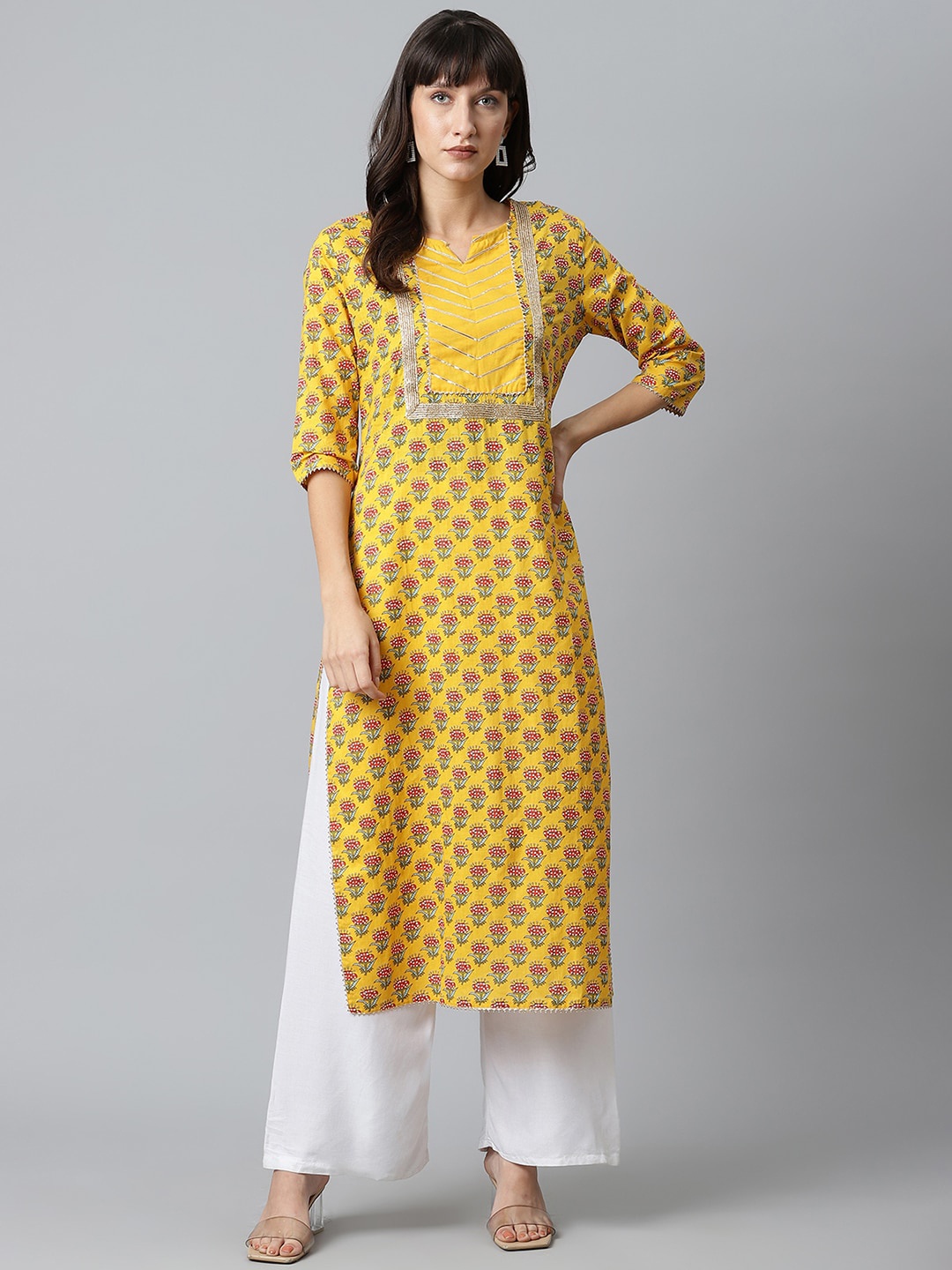 

Sringam Women Yellow Floral Printed Straight Kurta