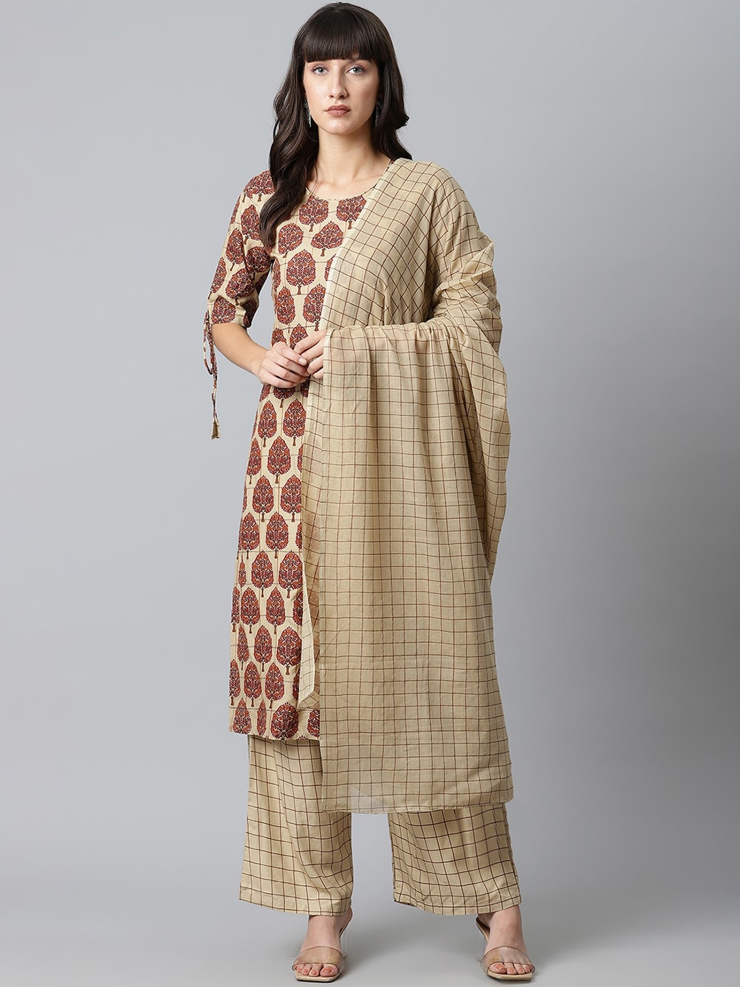 

Sringam Women Beige Ethnic Motifs Printed Pure Cotton Kurta with Palazzos & Dupatta