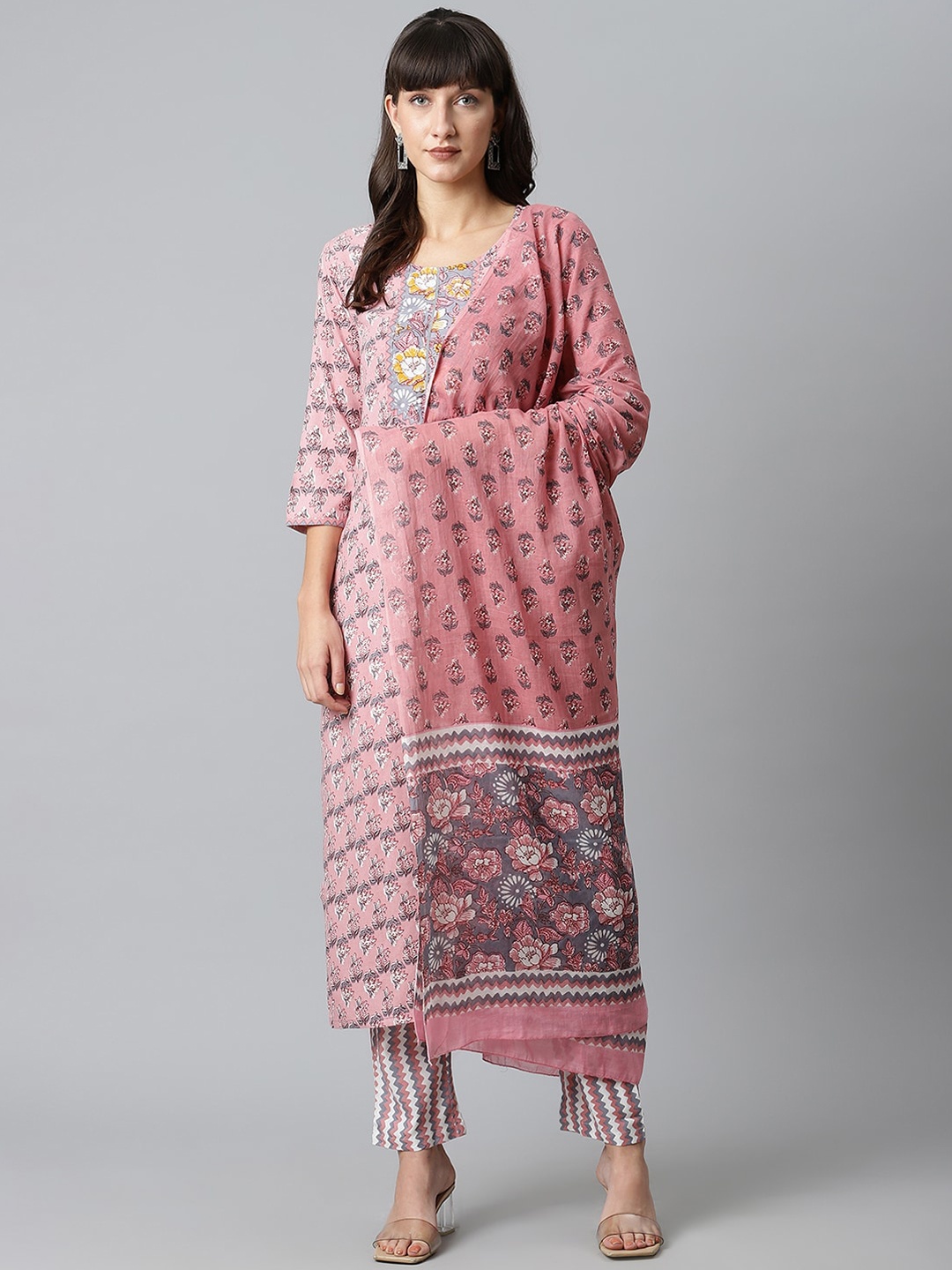 

Sringam Women Pink Ethnic Motifs Printed Regular Pure Cotton Kurta with Trousers