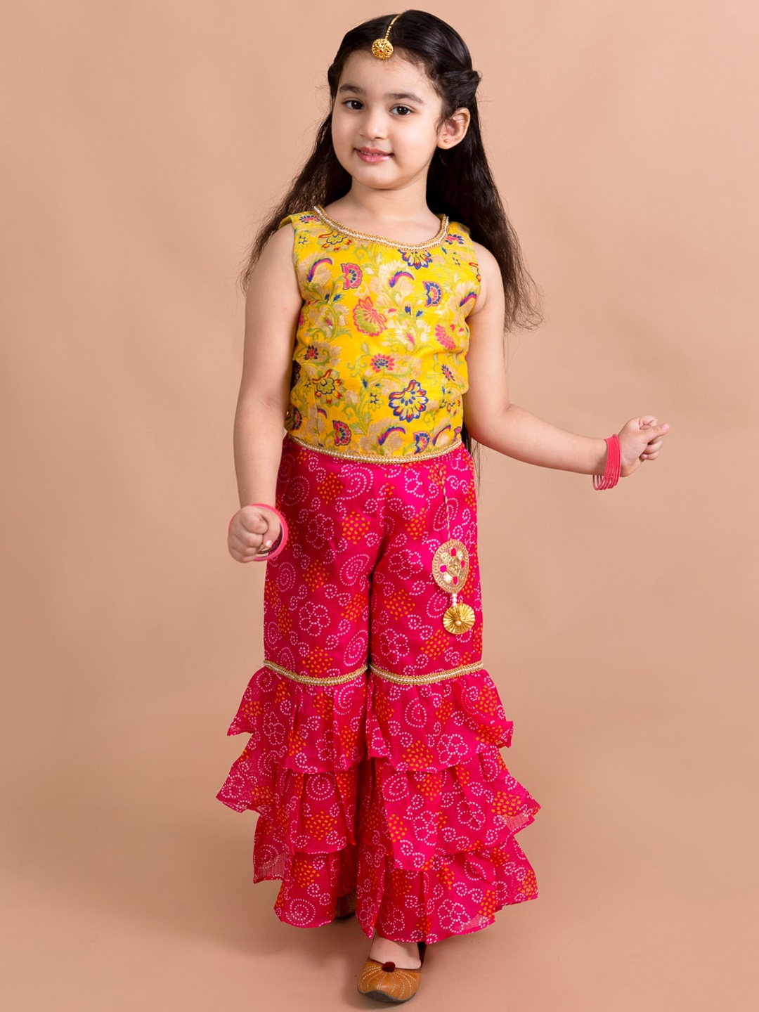 

pspeaches Girls Magenta Floral Embroidered Kurti with Sharara