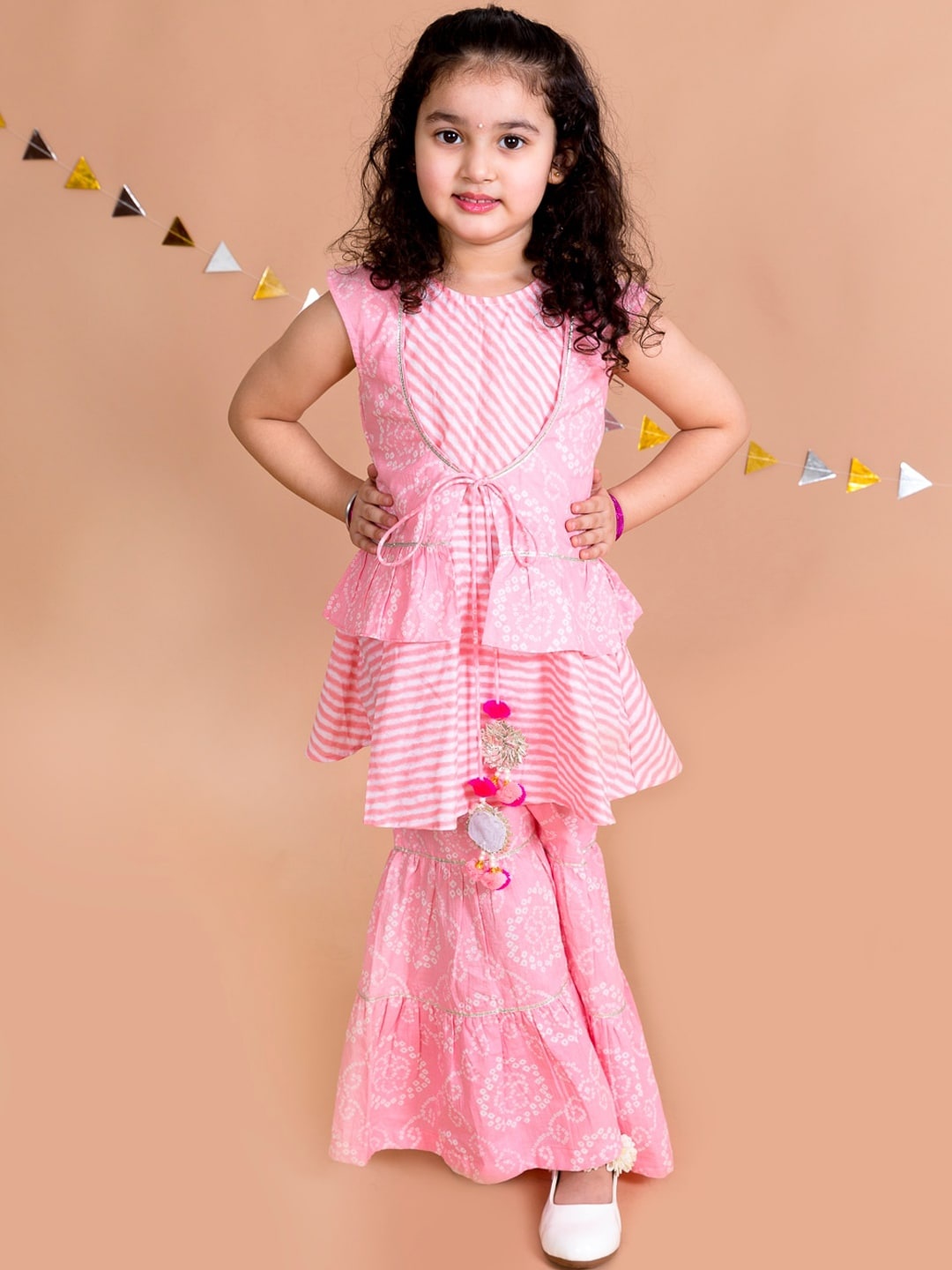 

pspeaches Girls Pink Floral Striped Empire Pure Cotton Kurti with Sharara