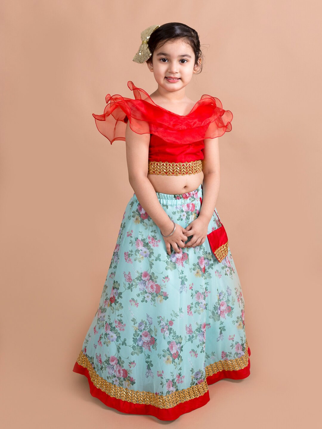 

pspeaches Girls Red & Gold Solid Ruffles Sequinned Ready To Wear Lehenga & Blouse