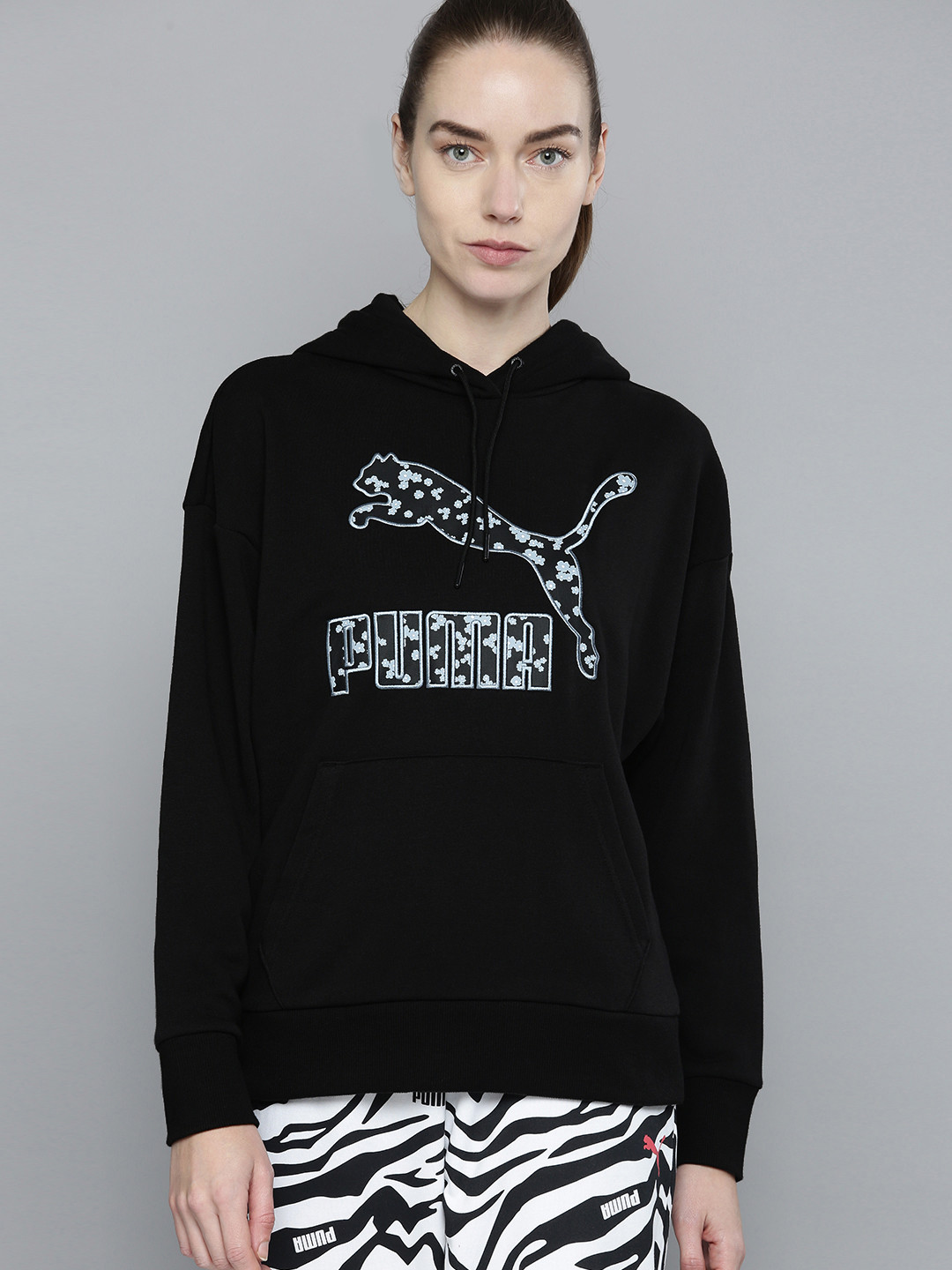 

Puma Women Black Floral Graphic Printed Hooded Sweatshirt