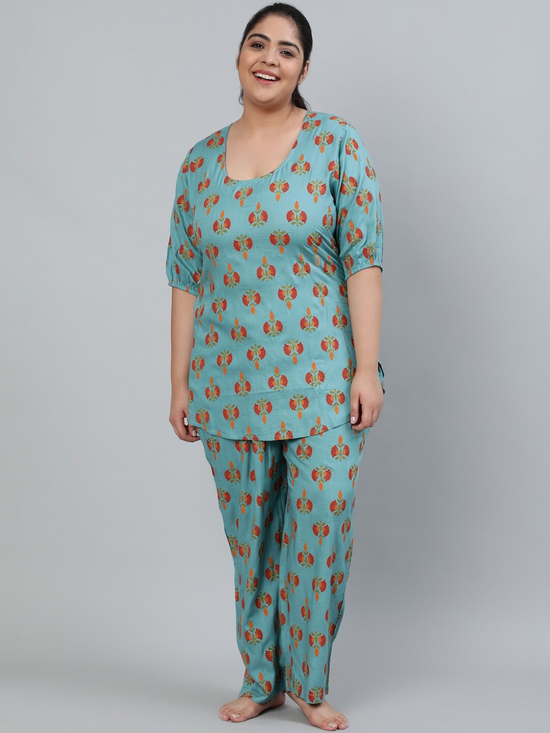 

Nayo Women Blue & Orange Printed Night Suit