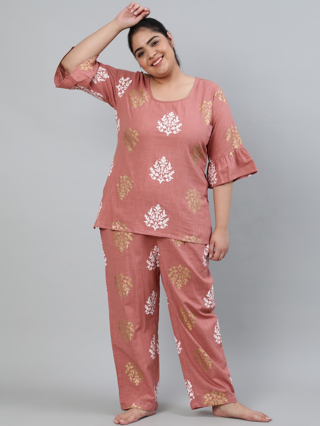 

Nayo Women Pink & White Printed Night Suit