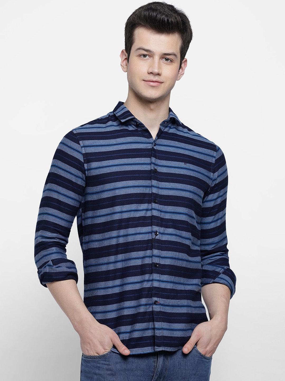 

cape canary Men Blue Horizontal Stripes Striped Casual Shirt