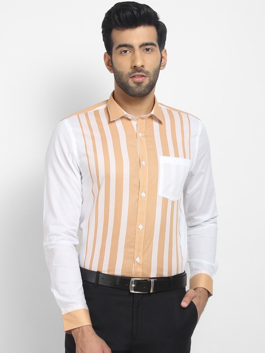 

cape canary Men Beige & White Striped Casual Shirt