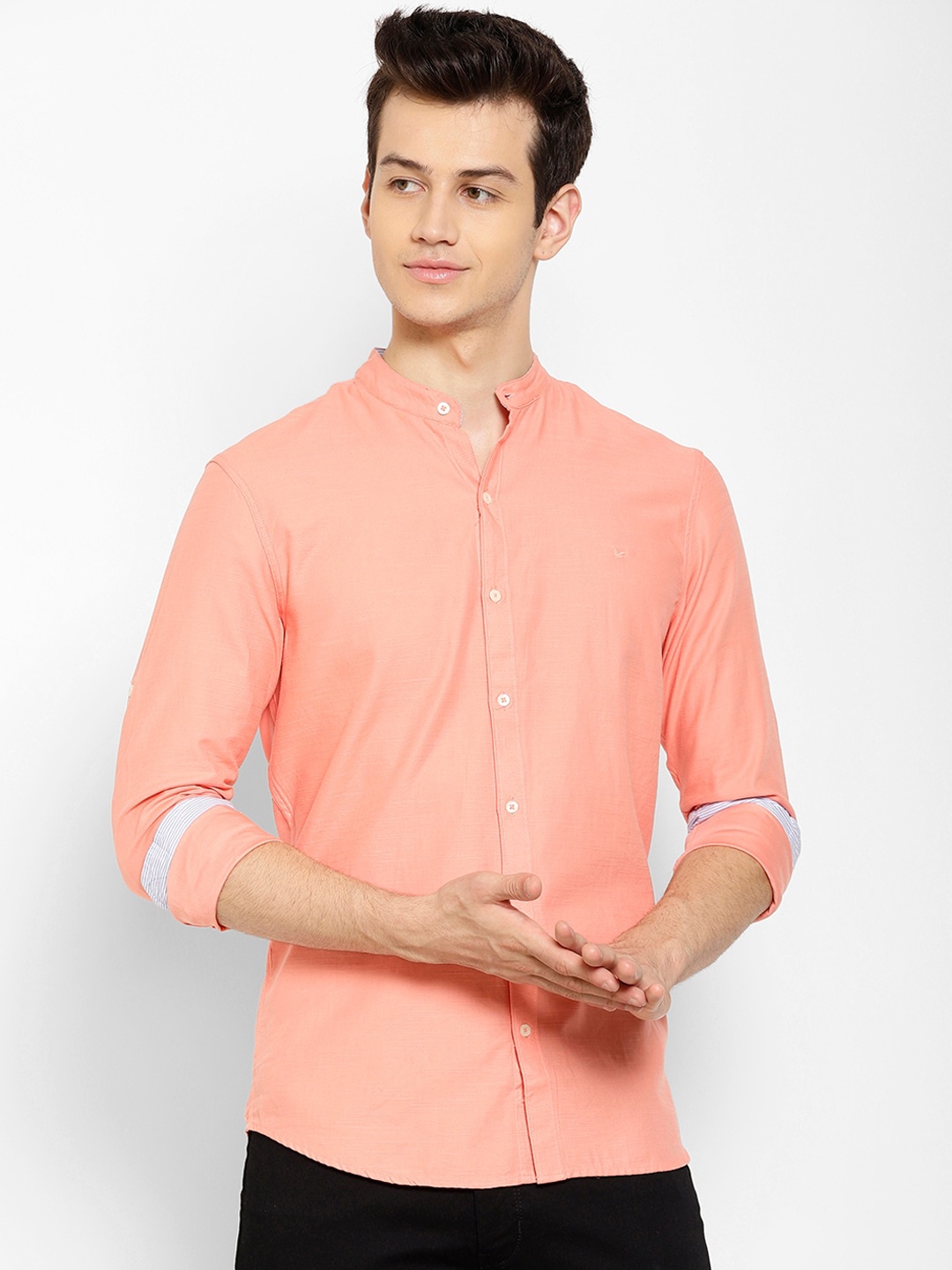 

cape canary Men Peach-Coloured Solid Casual Shirt