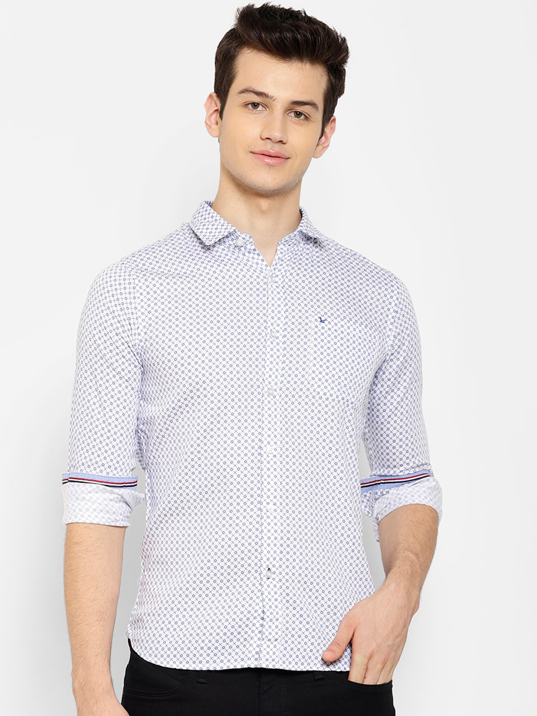 

cape canary Men White & Blue Cotton Micro Printed Casual Shirt