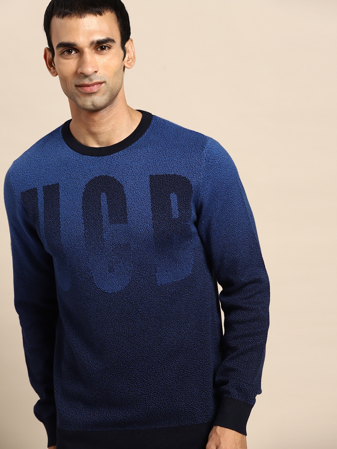 

United Colors of Benetton Men Blue & Black Brand Logo Cotton Pullover