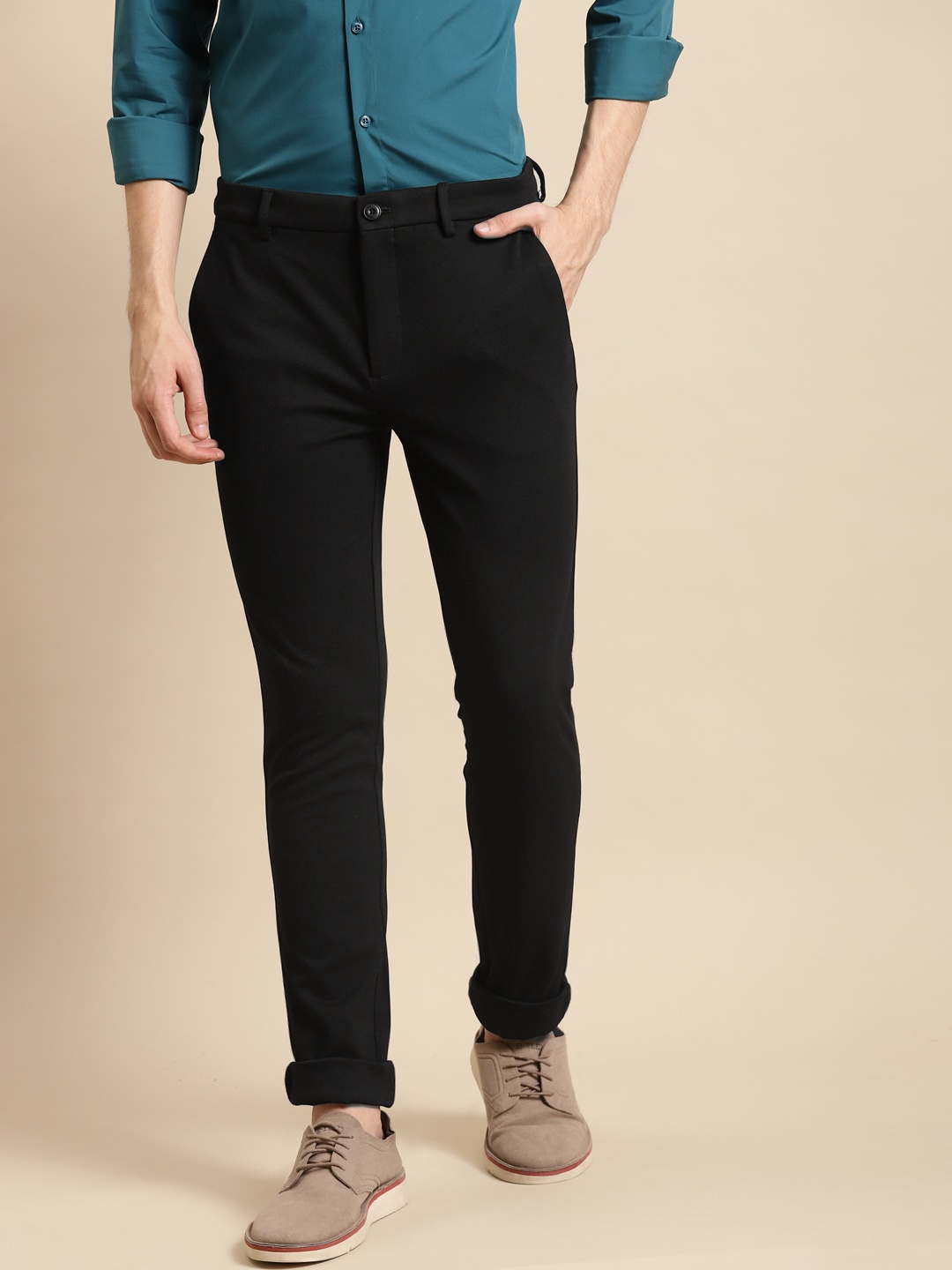 

United Colors of Benetton Men Black Solid Slim Fit Trousers