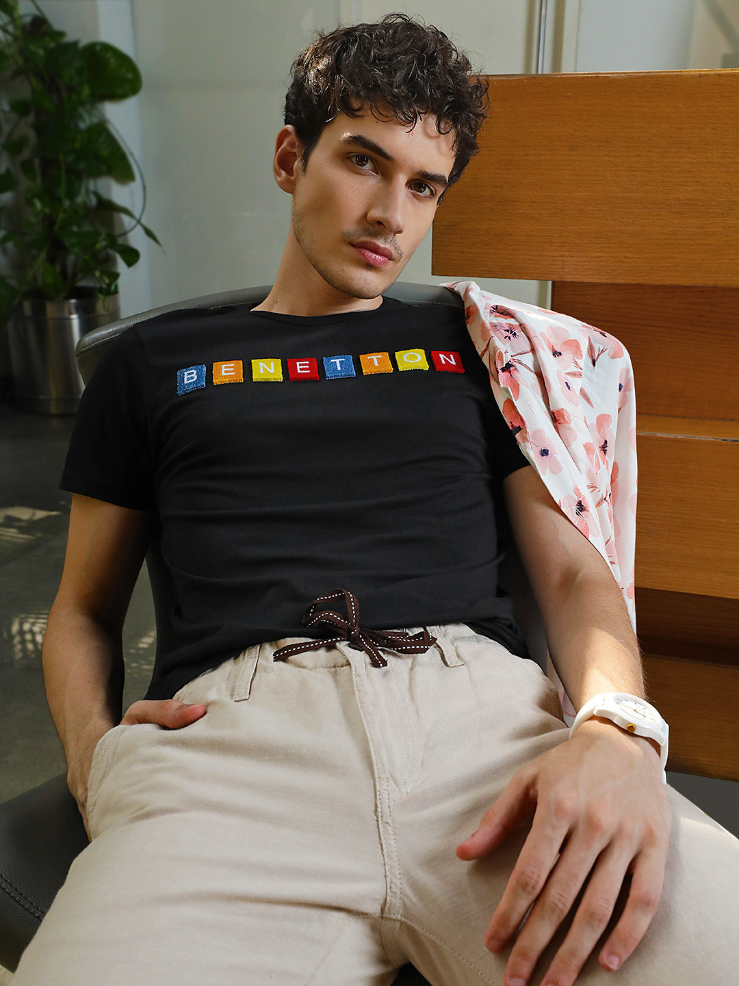

United Colors of Benetton Men Black Brand Logo 3D Applique Pure Cotton T-shirt