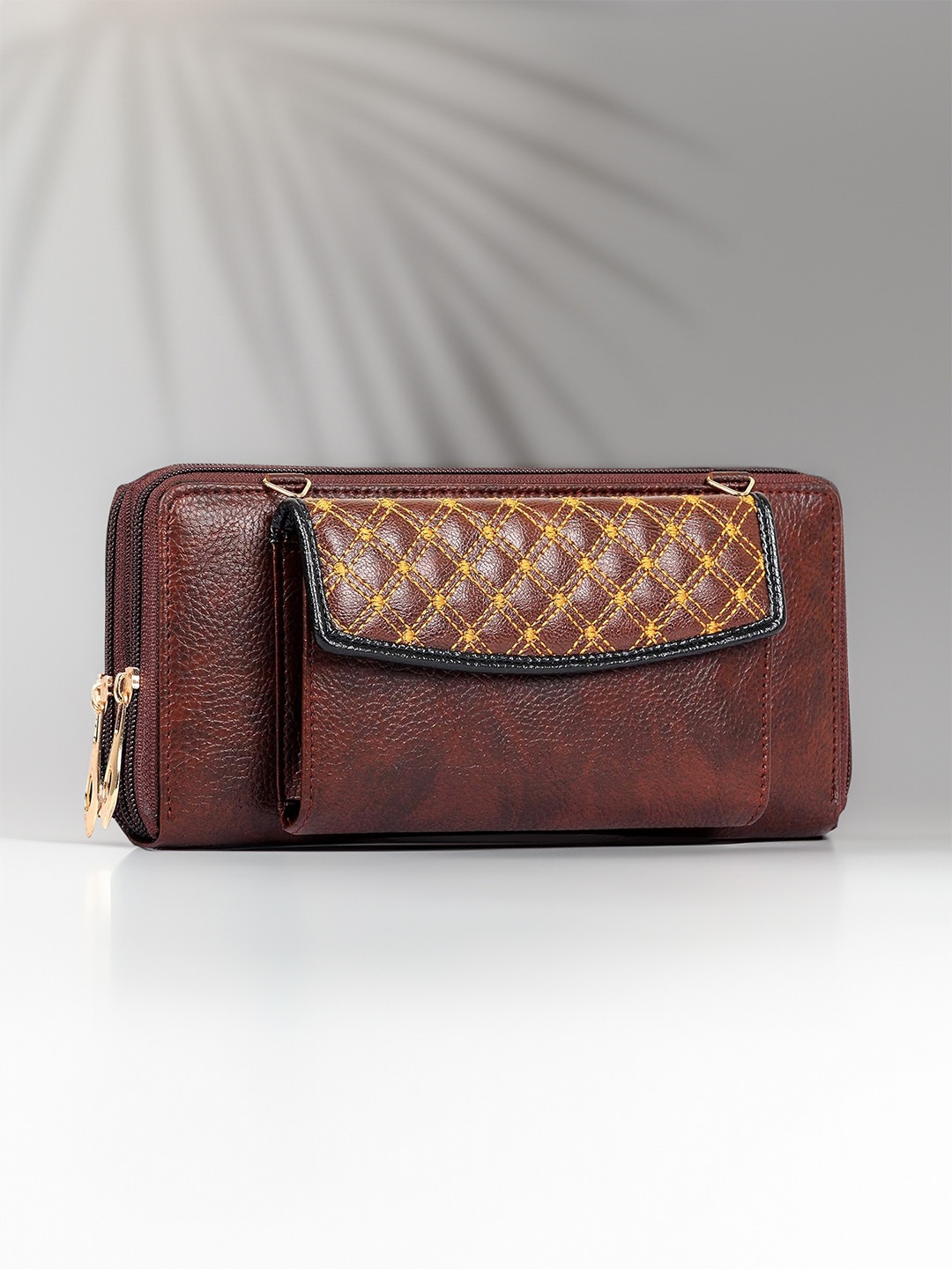 

THE CLOWNFISH Women Brown & Yellow Solid Synthetic Zip Around Wallet