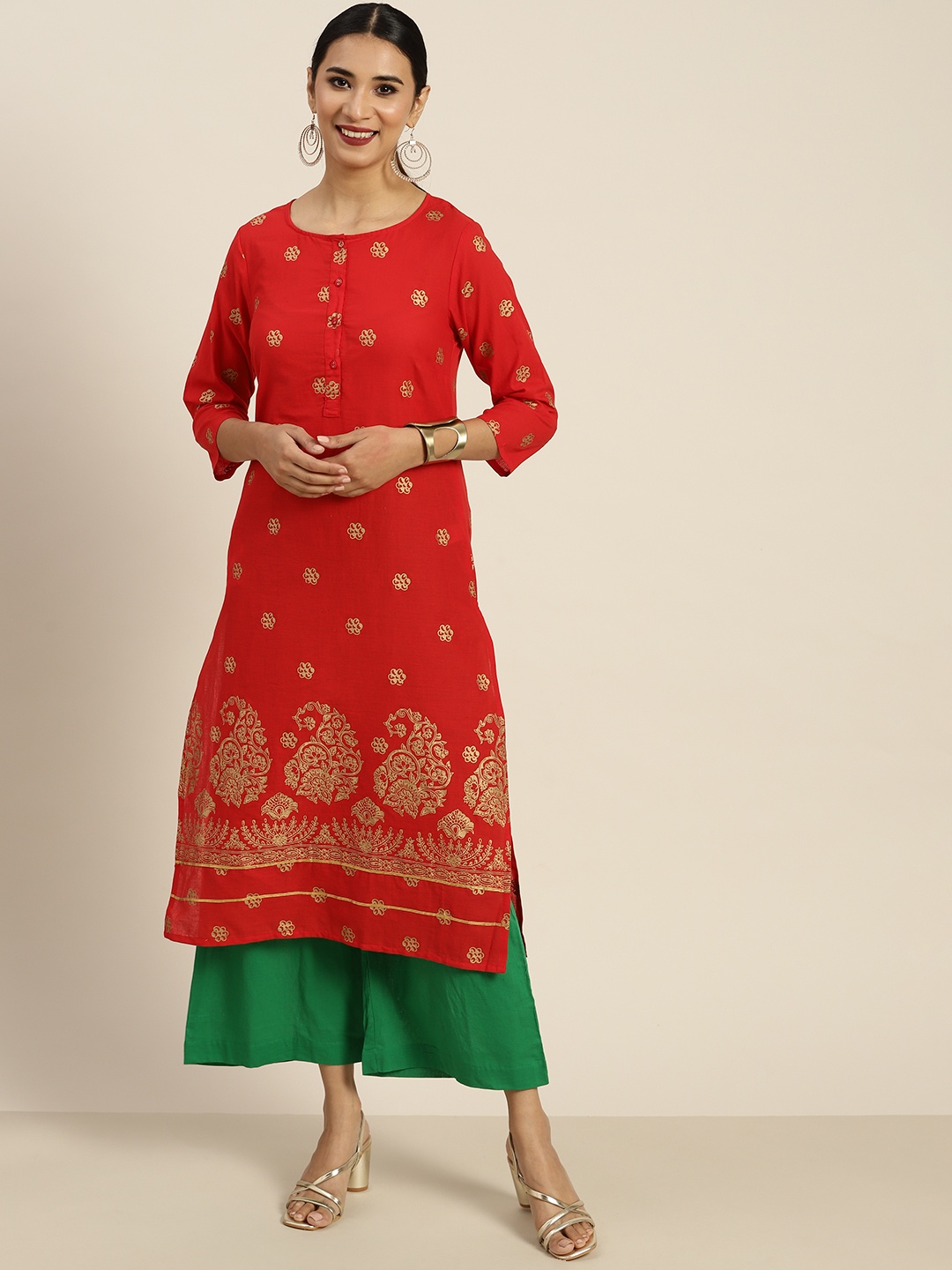 

Sangria Women Red & Golden Pure Cotton Ethnic Motifs Print Kurta with Palazzos