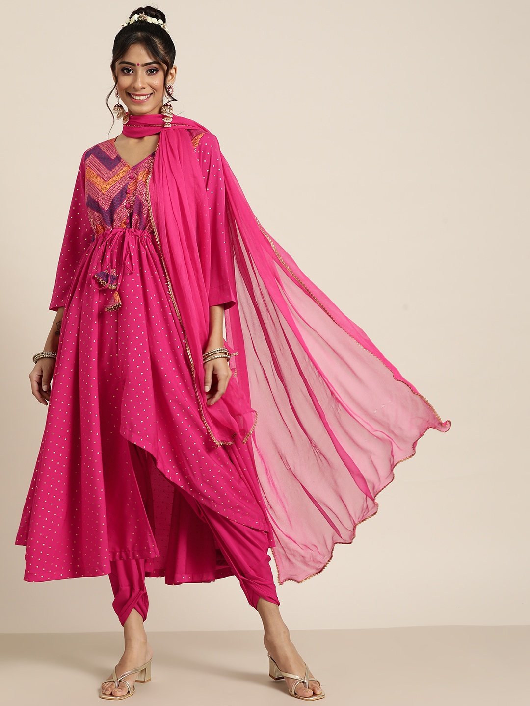 

Sangria Women Fuchsia & Golden Printed Anarkali Kurta with Dhoti Pants