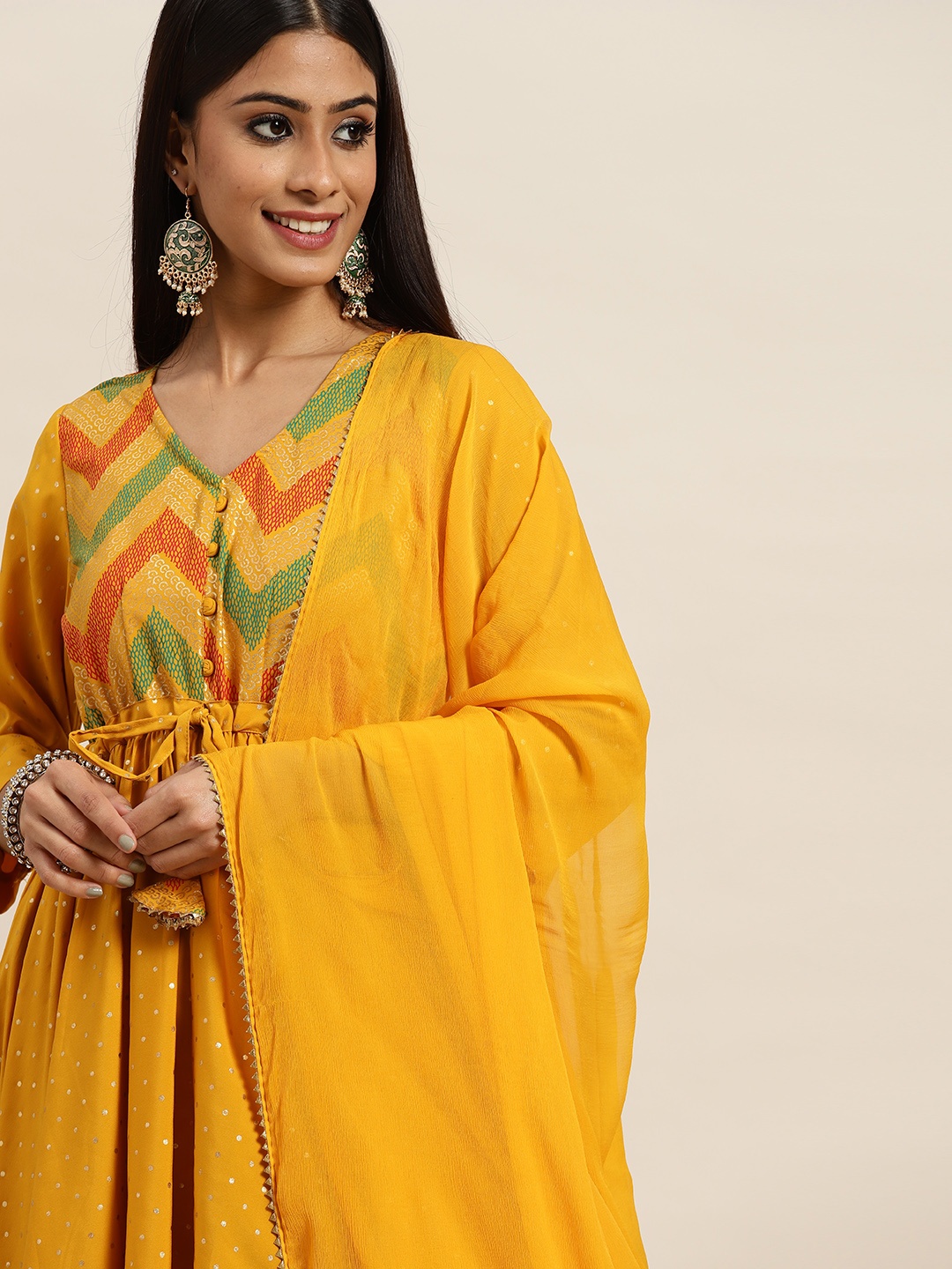 

Sangria Women Mustard Yellow & Green Yoke Design Empire Kurta with Dhoti Pants & Dupatta