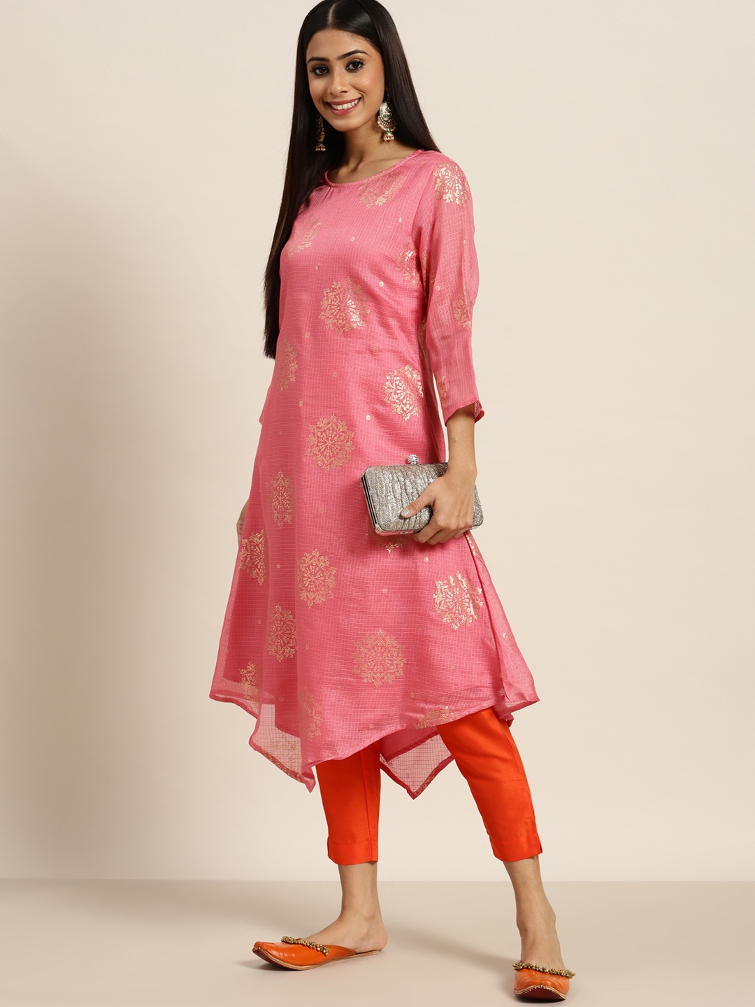 

Sangria Women Pink & Golden Ethnic Motifs Print Regular Kurta with Trousers