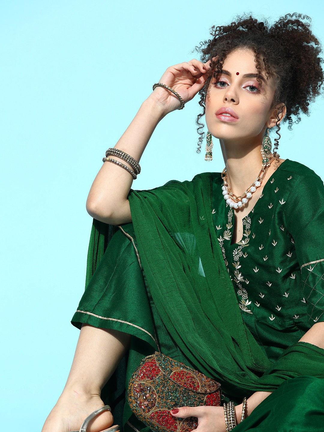 

Sangria Women Green & Golden Ethnic Motifs Gotta Patti Kurta with Palazzos & Dupatta