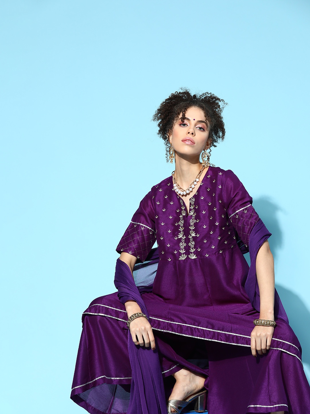 

Sangria Women Purple & Silver Ethnic Motifs Gotta Patti Kurta with Palazzos & Dupatta