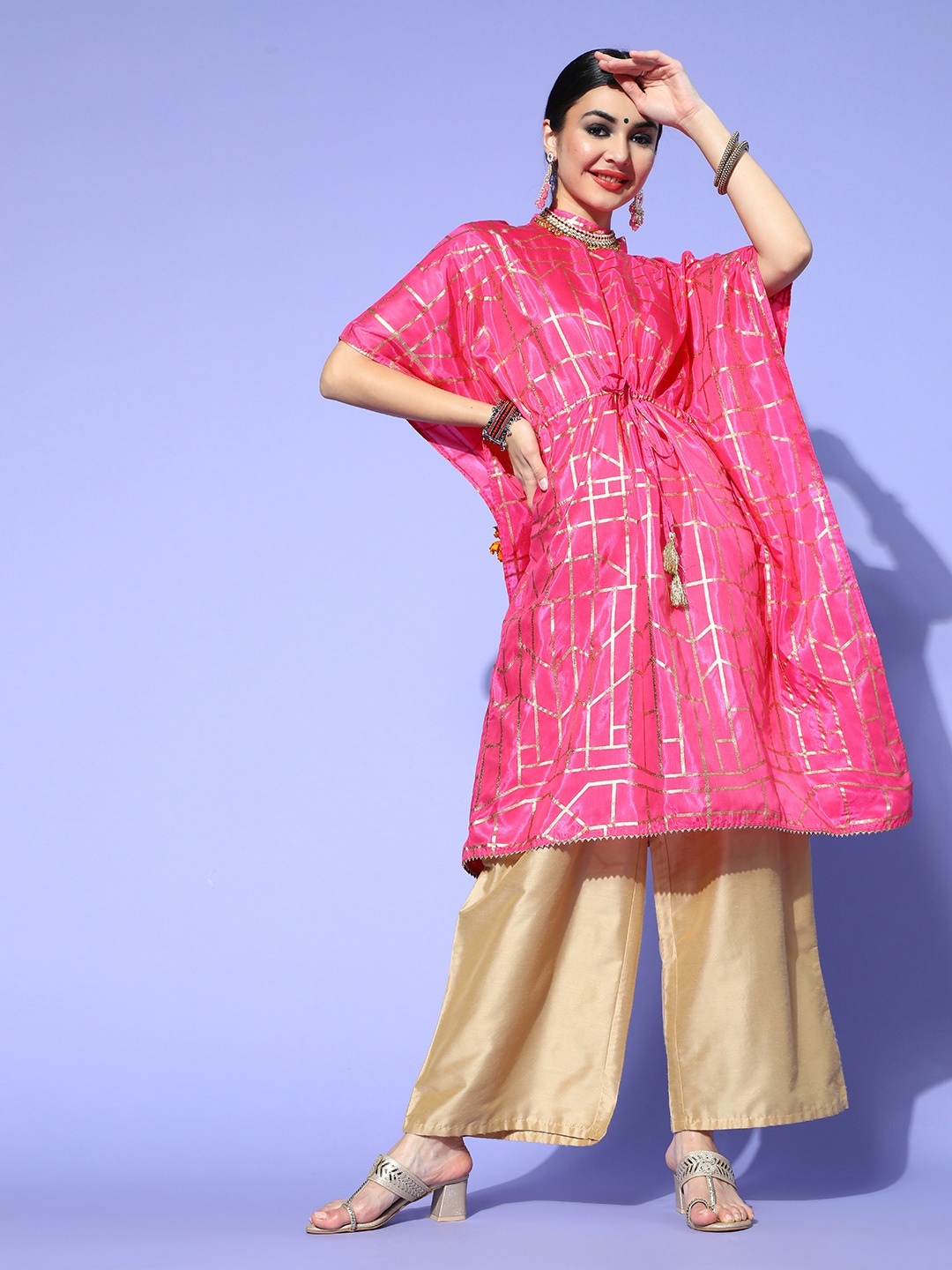 

Sangria Women Pink & Golden Checked Gotta Patti Kaftan Kurta