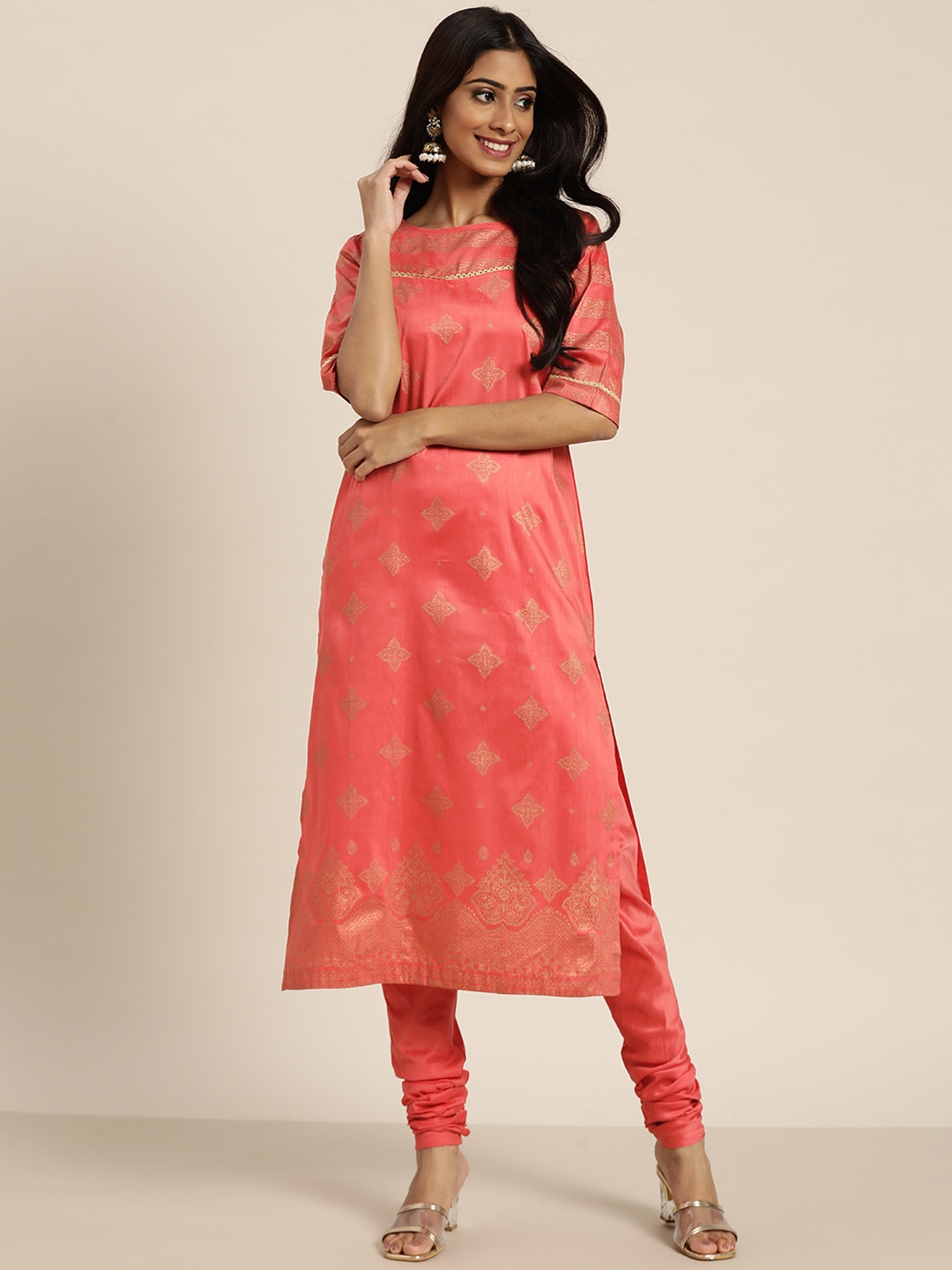 

Sangria Women Pink & Golden Ethnic Motifs Printed Regular Kurta with Churidar