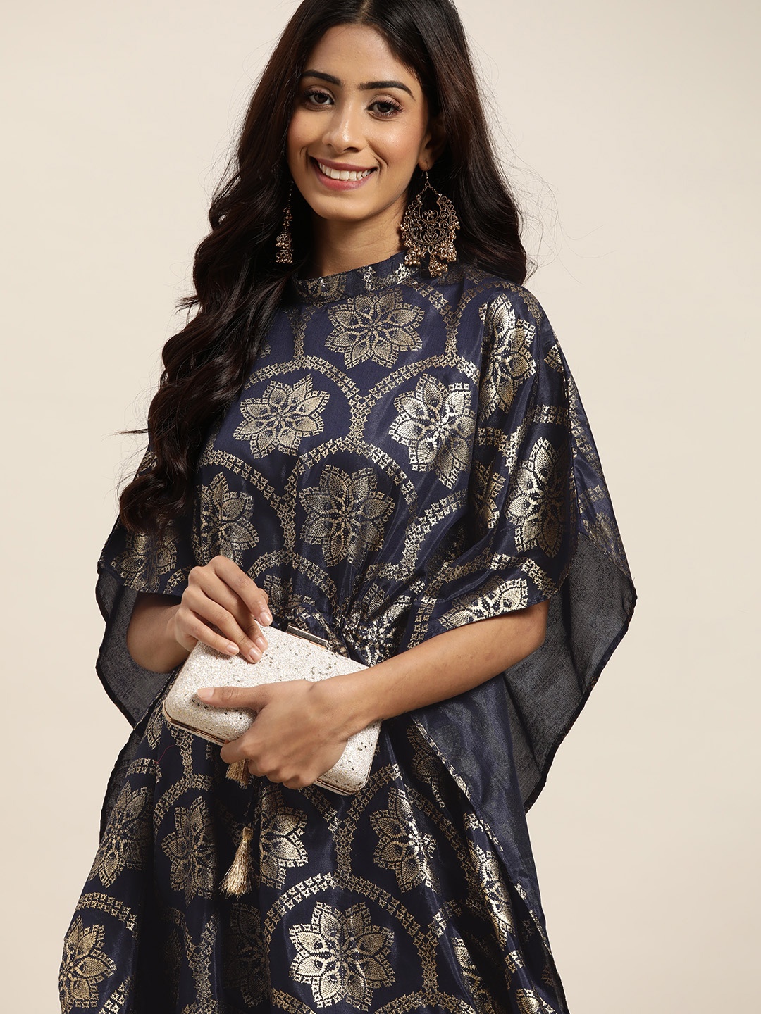 

Sangria Women Navy Blue & Golden Ethnic Motifs Print Kaftan Kurta