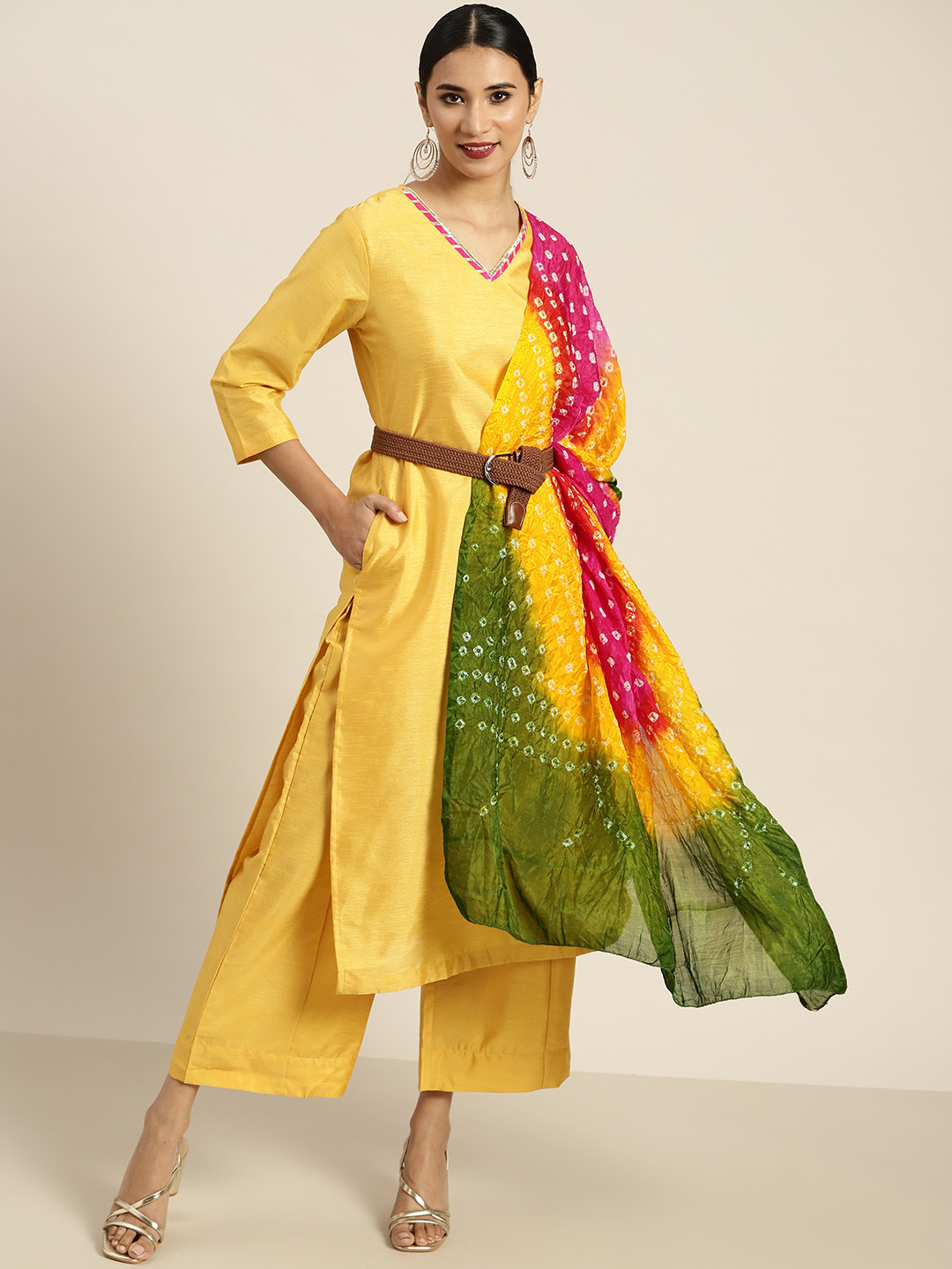 

Sangria Women Yellow Solid Kurta with Palazzos & Dupatta
