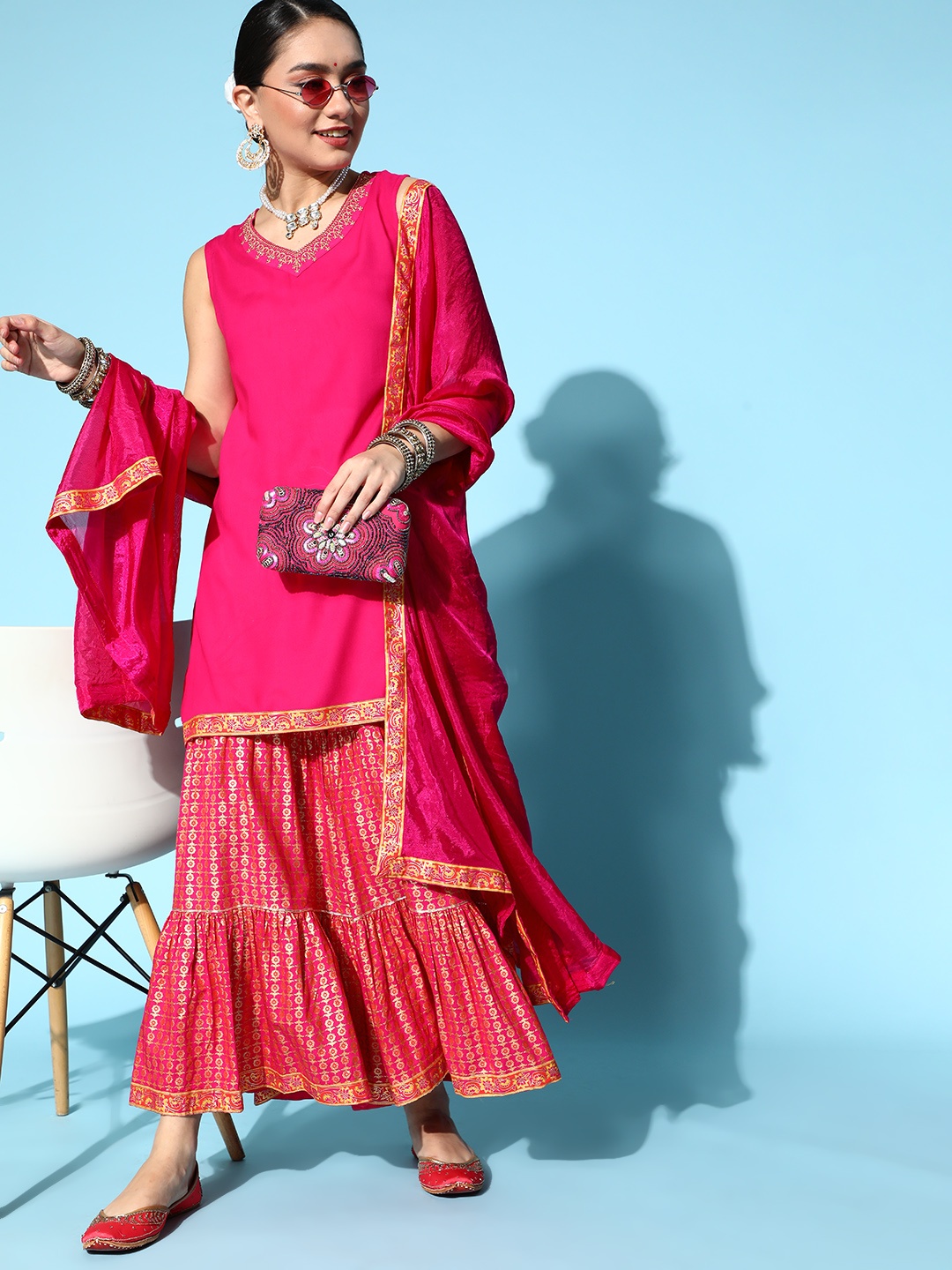 

Sangria Women Pink Solid Kurti with Sharara & With Dupatta