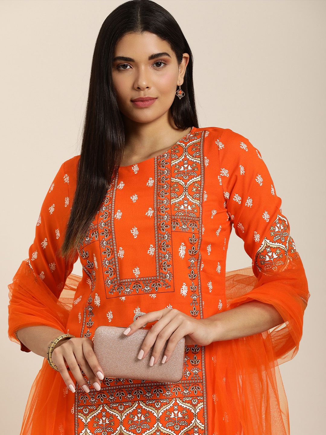 

Sangria Women Orange & White Printed Regular Kurti with Sharara & Dupatta