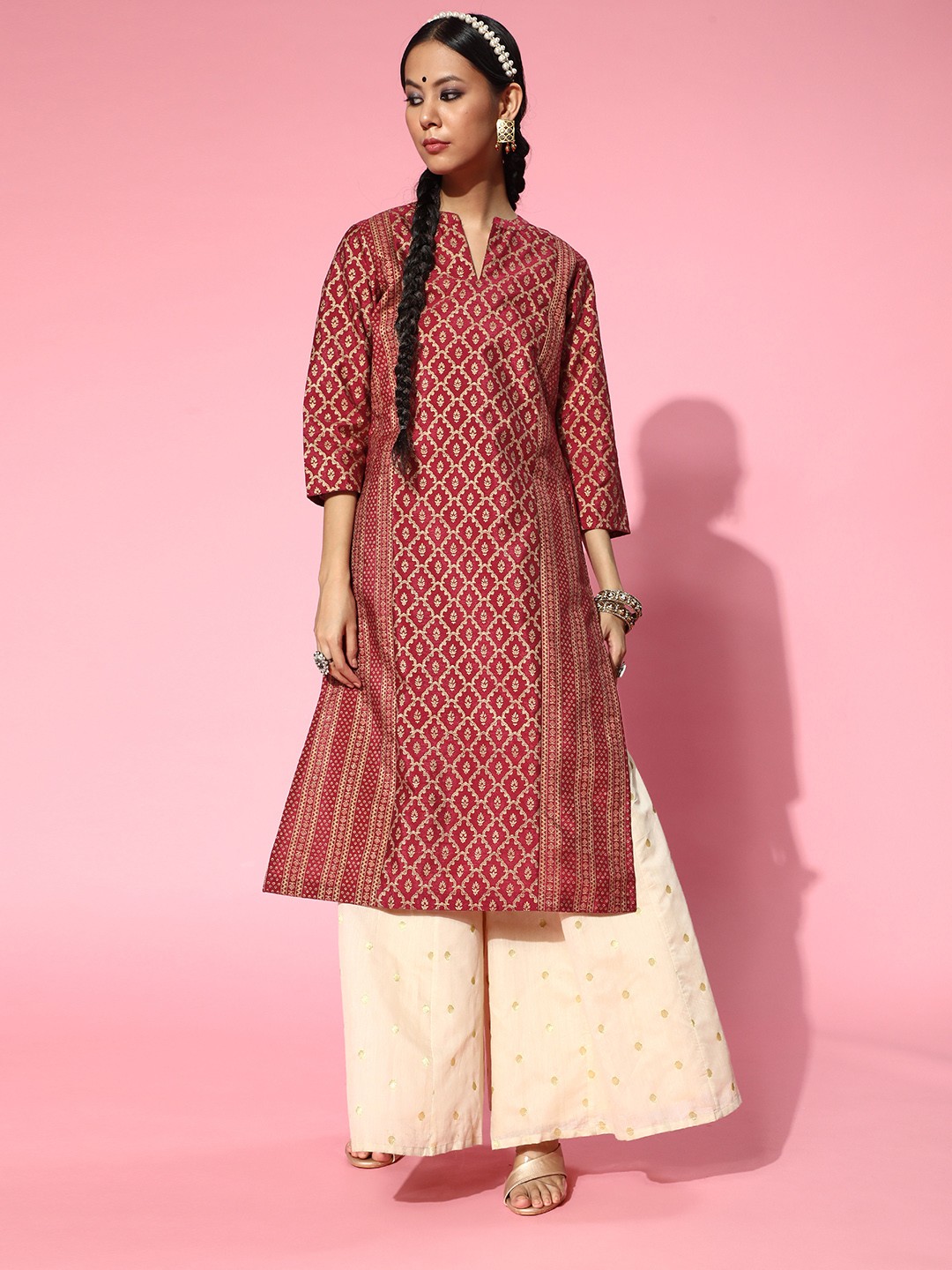 

Sangria Women Maroon & Golden Geometric Printed Kurta